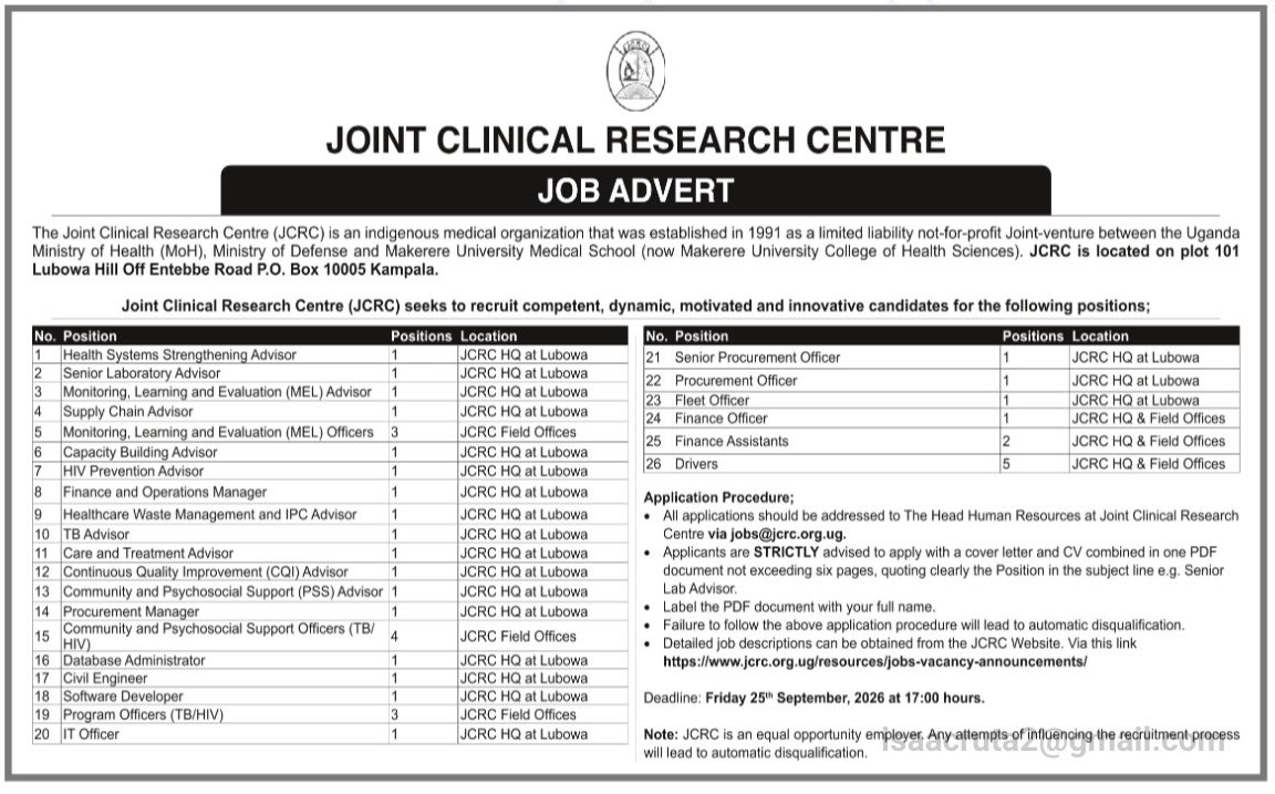 JobAdvertsUG's tweet photo. 39 jobs at Joint Clinical Research Centre

Details: https://t.co/HhtZyqrvPL

#JobsInUganda 

KINDLY RETWEET TO SHARE https://t.co/EtH1G0ZfoP