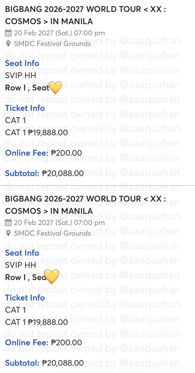 aaaquahan's tweet photo. interest check ic inch - wts lfb

BIGBANG IN MANILA XX : COSMOS

(4) CAT 1 - SVIP HH
— price is srp, will give discount if taking all

‼️must take all to push
‼️will be selling once we secure our prio during gen sale!

— reply or dm if interested 

***specific seat no. via dm https://t.co/nchAyW7lH2