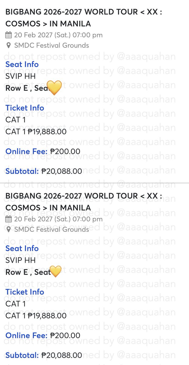 aaaquahan's tweet photo. interest check ic inch - wts lfb

BIGBANG IN MANILA XX : COSMOS

(4) CAT 1 - SVIP HH
— price is srp, will give discount if taking all

‼️must take all to push
‼️will be selling once we secure our prio during gen sale!

— reply or dm if interested 

***specific seat no. via dm https://t.co/nchAyW7lH2