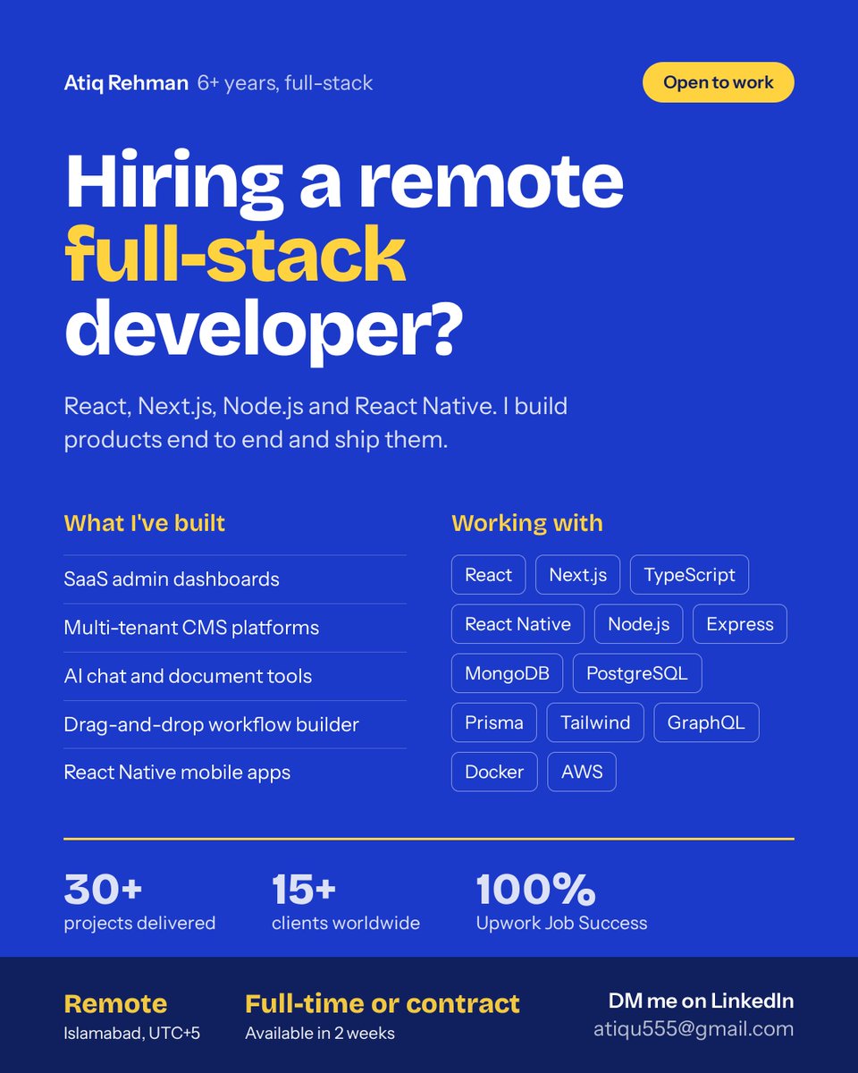 AtiqR22860's tweet photo. if you know a team looking for someone like this, a repost would mean a lot 🙏

#OpenToWork #Hiring #RemoteJobs #ReactJS #NextJS #ReactNative #NodeJS #FullStackDeveloper
https://t.co/RjkRHCyhtb https://t.co/B9b5UAX3Dz