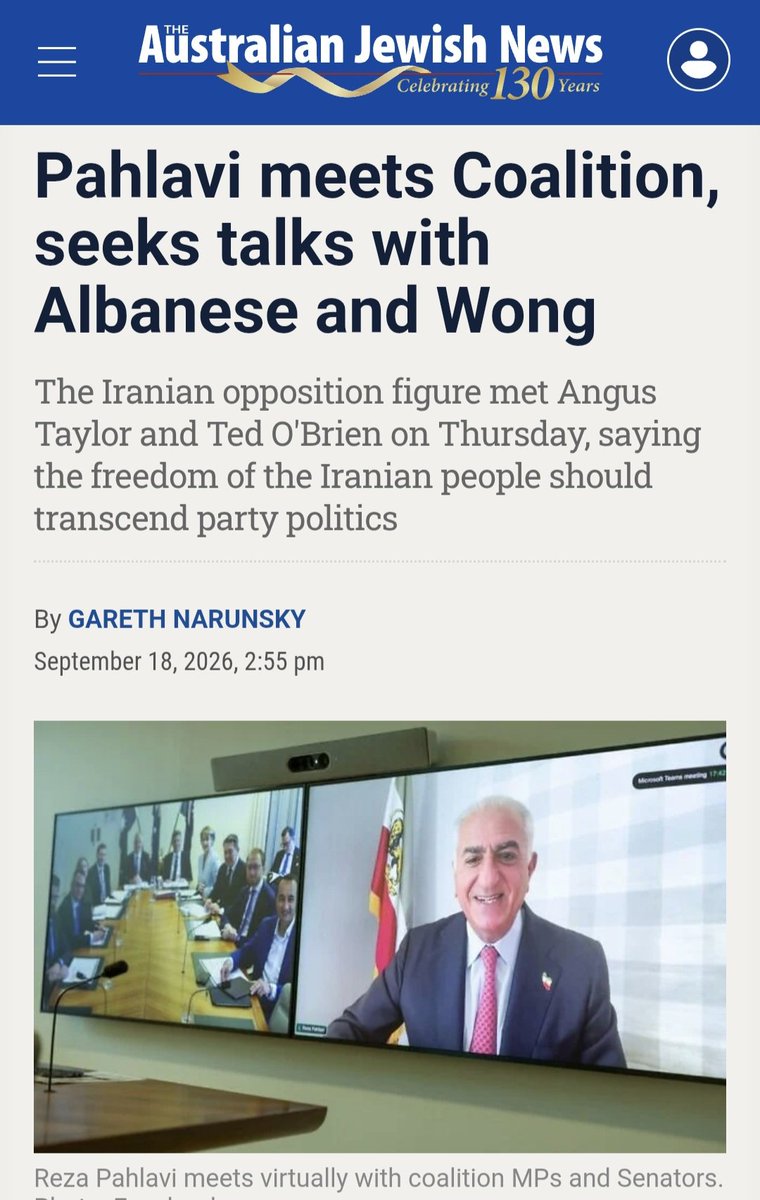 rezaarab10's tweet photo. I was quoted in this @aus_jewishnews story about the virtual meeting between Crown Prince Reza Pahlavi and Australia’s Shadow Cabinet:

Reza Arab, a political advisor to the Iran Prosperity Project, told The AJN: “This meeting was important for Iranians inside Iran and for the Iranian community in Australia because it shows that some in the Western world see their plight and hear their voice.

“The January massacre, when millions took to the streets calling for an end to the Islamic regime and the return of the Crown Prince, left a deep mark on us as a historical nation,” he said. “Meetings like this reaffirm that the universal cause of freedom and dignity still has friends in the West. It is encouraging that Australia’s Shadow Cabinet is willing to hear from the Crown Prince, engage seriously with Iranian-Australians, and learn about the Iran Prosperity Project.”