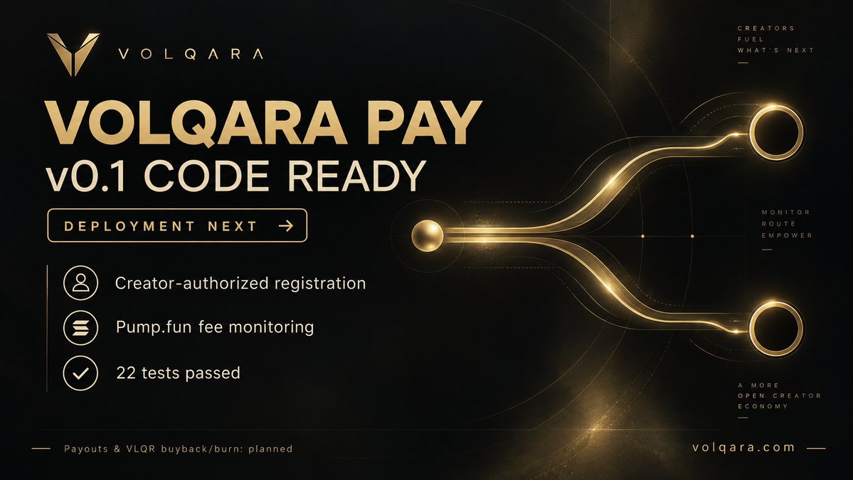 VOLQARASOL's tweet photo. VOLQARA PAY v0.1 code is ready. 🛠️

Creator-authorized registration + https://t.co/Z7SmJLJyAT fee monitoring.
22 tests passed. Deployment next.
Recipient payouts and $VLQR buyback &amp; burn are planned for future releases.

Building real utility on Solana.
https://t.co/MFl7GO9WTD https://t.co/vjH8YPvDOw