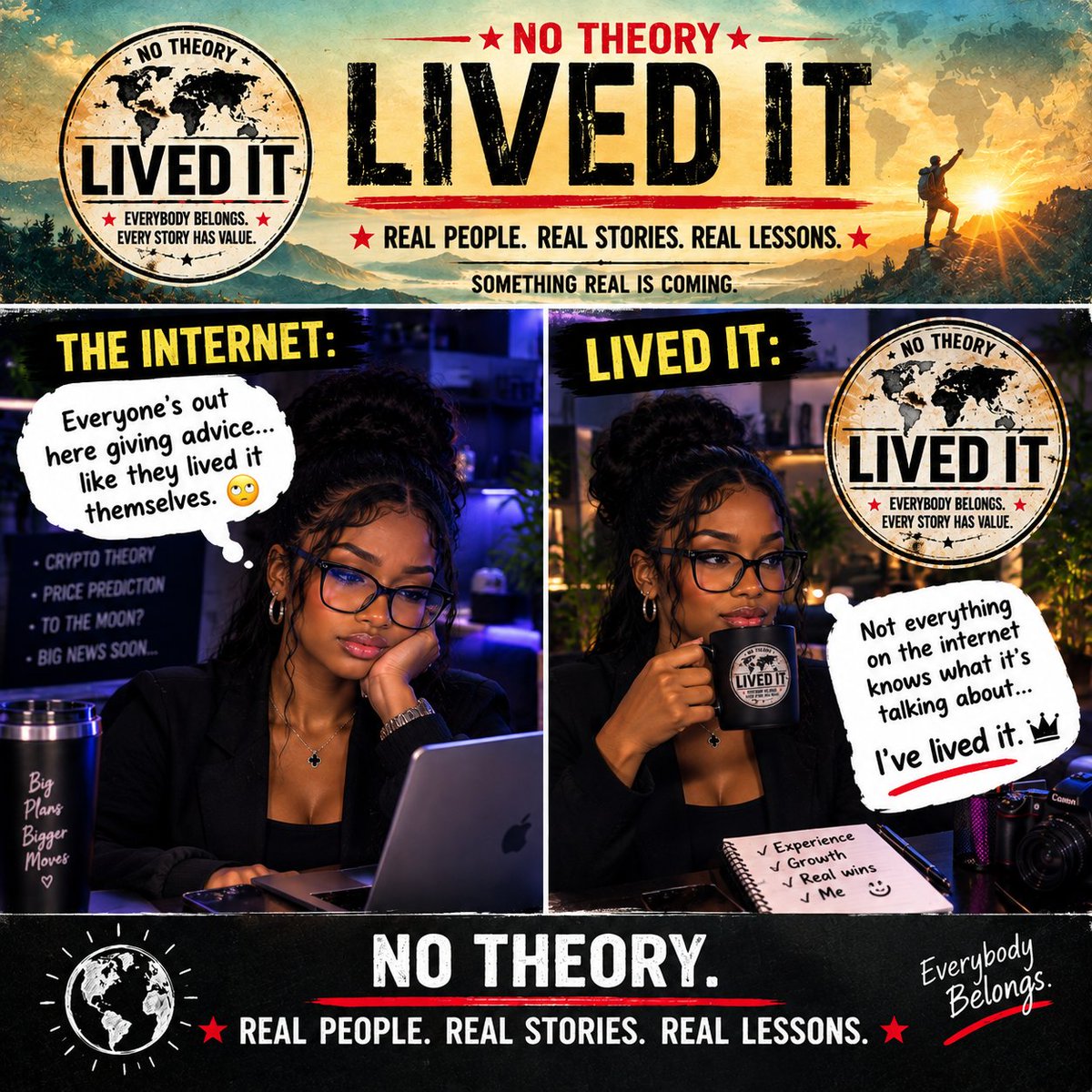 PhantomV3Web3's tweet photo. Everyone has an opinion… until they actually LIVE IT. 
No theory. No pretending.
Just real experiences, real lessons, real stories. 🖤
LIVED IT. 🌍
#LIVEDIT @LIVEDITglobal https://t.co/VCdIbYJo2q