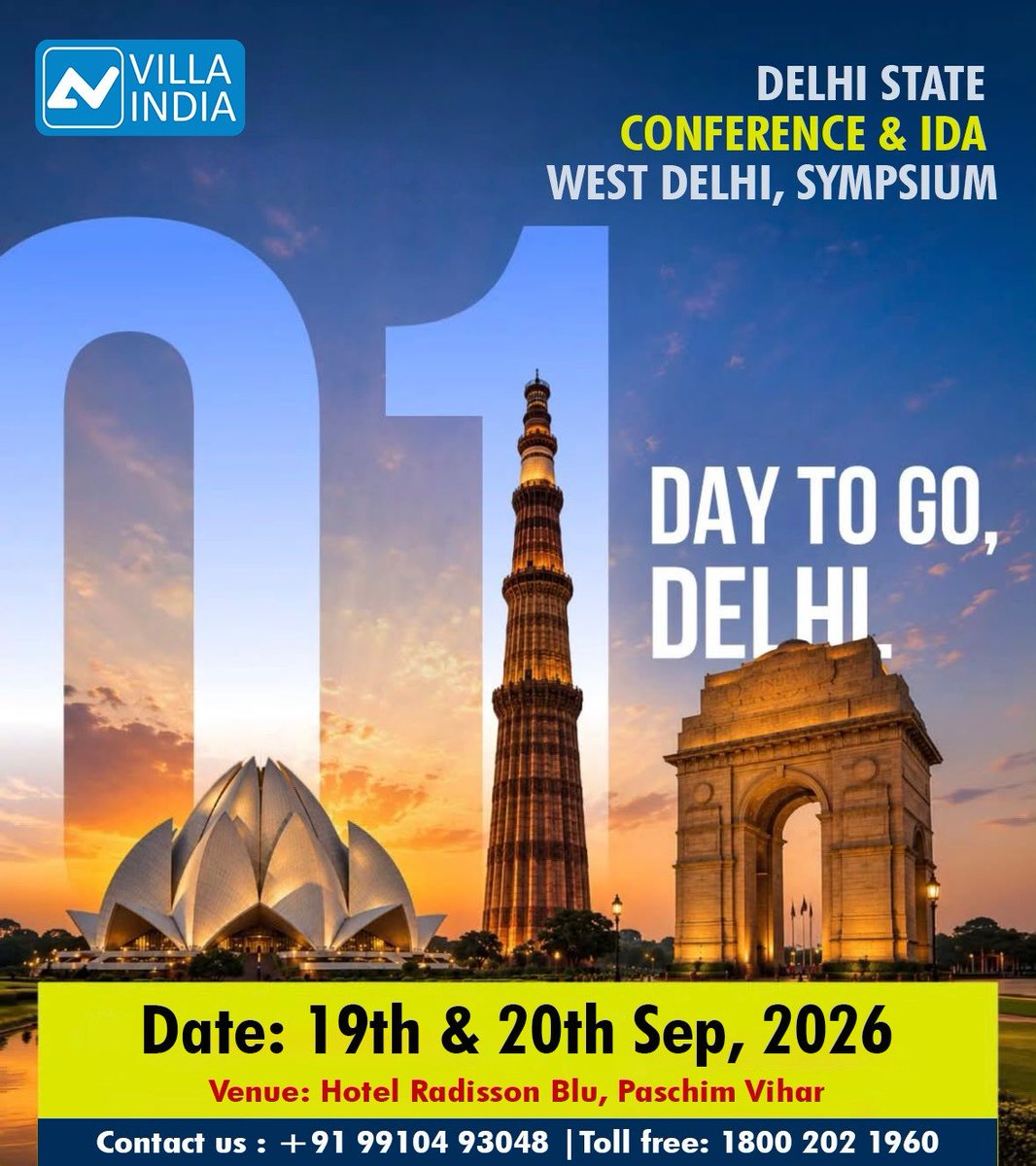 Villa_india__'s tweet photo. ⏳ 01 𝘿𝙖𝙮 𝙏𝙤 𝙂𝙤, 𝘿𝙚𝙡𝙝𝙞

📞 𝙋𝙡𝙖𝙣 𝙔𝙤𝙪𝙧 𝙑𝙞𝙨𝙞𝙩
Contact: +91 99104 93048  
Toll Free: 1800 202 1960 
Web: https://t.co/iBPf6IsSzw

#villaindia #delhidentists #idadelhi #radissonblu #dentalconference #digitaldentistry #dentalequipmentindia #dentistsofindia https://t.co/gzbmX0BcyZ