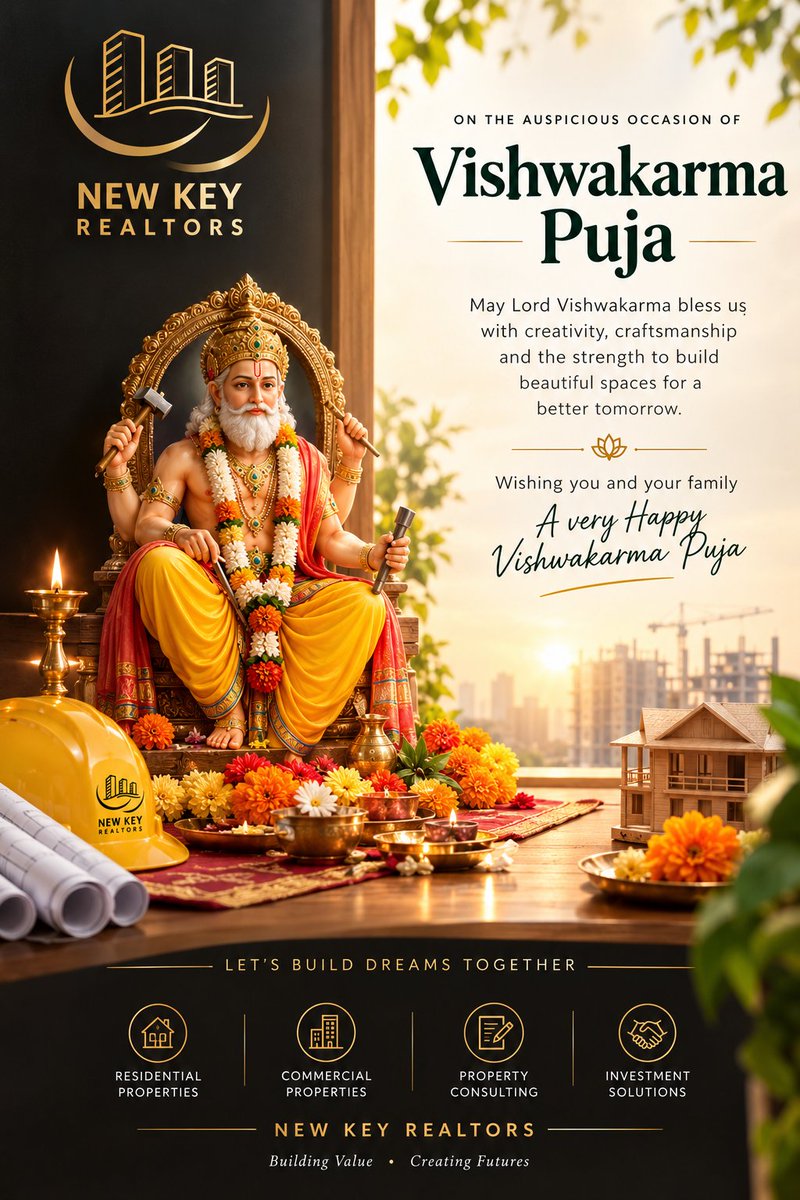 NewKeyRealtors's tweet photo. 🏢 NEW KEY REALTORS — Vishwakarma Puja

✨ Happy Vishwakarma Puja! 🪔🌼

On the sacred occasion of Vishwakarma Puja, New Key Realtors celebrates the spirit of construction, craftsmanship, architecture, and the people who transform visions into valuable spaces.

# https://t.co/CqzFIbEoCT
