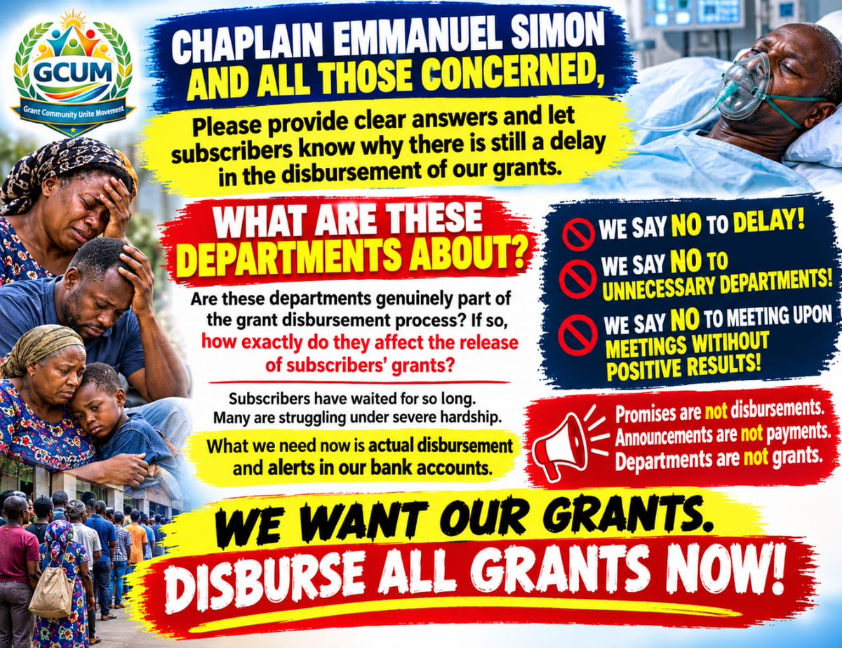 GrantCommuUnite's tweet photo. CONCERNS OF THE MASSES

Recent developments surrounding new recruitment within the grant community are raising genuine questions among many people.
The masses deserve clear answers:
1️⃣ How does this new recruitment affect the disbursement of outstanding grants?
2️⃣ Does this development bring us any closer to the release of the outstanding grants?
3️⃣ What is the purpose of the recruitment, and how does it benefit the grant community and its beneficiaries?
These are genuine concerns from the people, not an attack on anyone.
The grant community deserves explanation, clarity, transparency and accountability.
Chaplain Emmanuel Simon (@Emmanuel_Simon1), the people are asking questions and deserve answers.
If there is a clear plan for disbursement, tell the people.
If there are genuine reasons for the delay, explain them.
If there are outstanding processes that must be completed, let the community know.
The masses have waited long enough for clarity.

DISBURSE LEGITIMATE GRANT FUNDS NOW.**
@Emmanuel_Simon1 @officialEFCC 
#DisburseGrantsNow #GrantTransparency #Accountability #FollowTheMoney #JusticeForTheMasses #Nigeria #GCUM #GrantCommunity