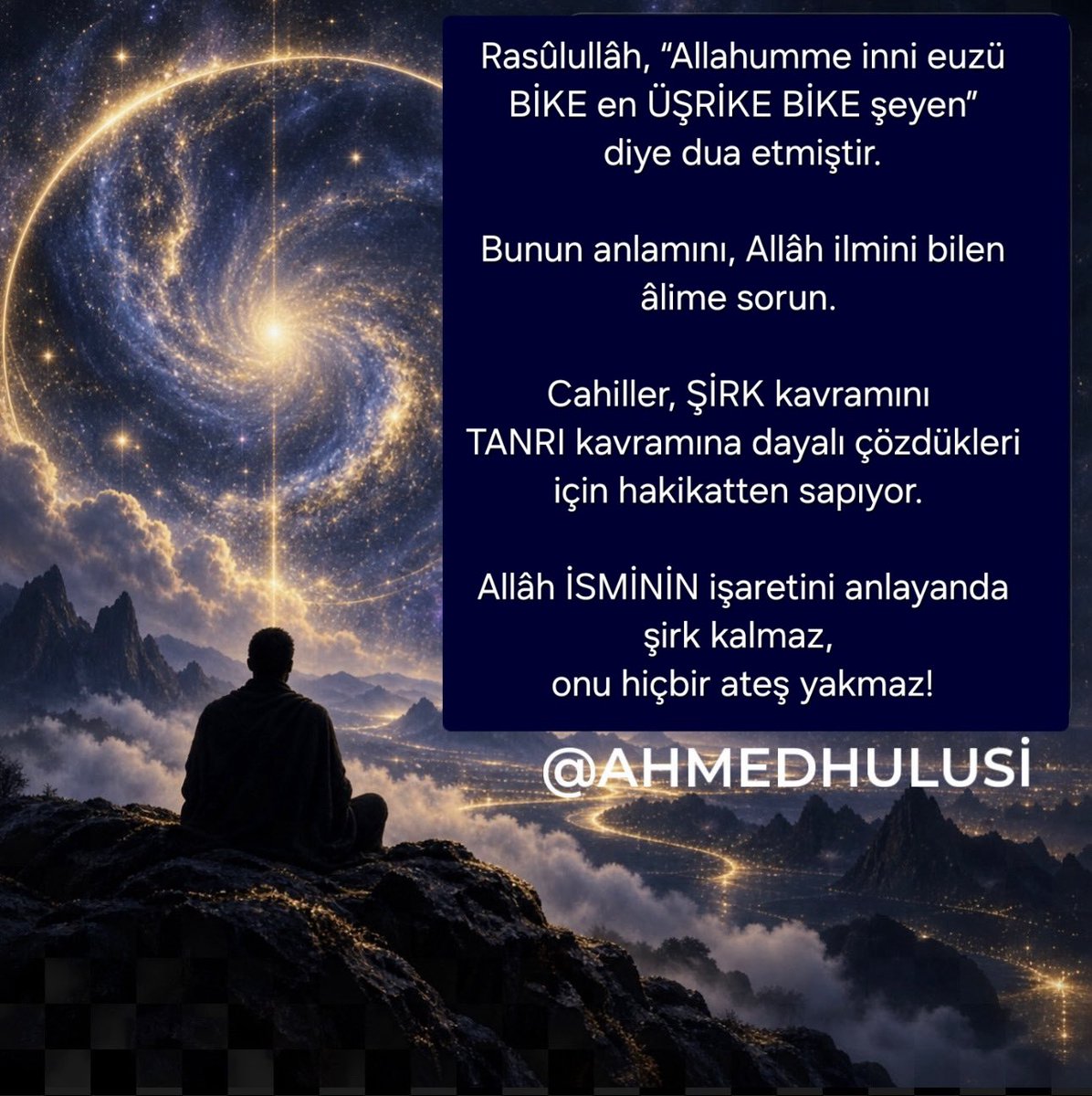 Bitebessm's tweet photo. Rasûlullâh, “Allahumme inni euzü BİKE en ÜŞRİKE BİKE şeyen” diye dua etmiştir. 

Bunun anlamını, Allâh ilmini bilen âlime sorun. 

Cahiller, ŞİRK kavramını TANRI kavramına dayalı çözdükleri için hakikatten sapıyor. 

Allâh İSMİNİN işaretini anlayanda şirk kalmaz, onu hiçbir ateş yakmaz!

@AhmedHulusi