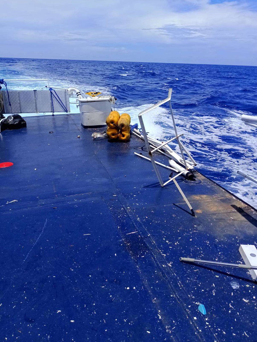 ABSCBNNews's tweet photo. LOOK: A China Coast Guard vessel rammed a BFAR vessel delivering fuel subsidies to Filipino fishermen off Palawan on Friday, September 18, 2026, according to Philippine Coast Guard.

The damage extended to the starboard side, with debris scattered across the deck.

Courtesy: PCG https://t.co/ivRZqhSHWH