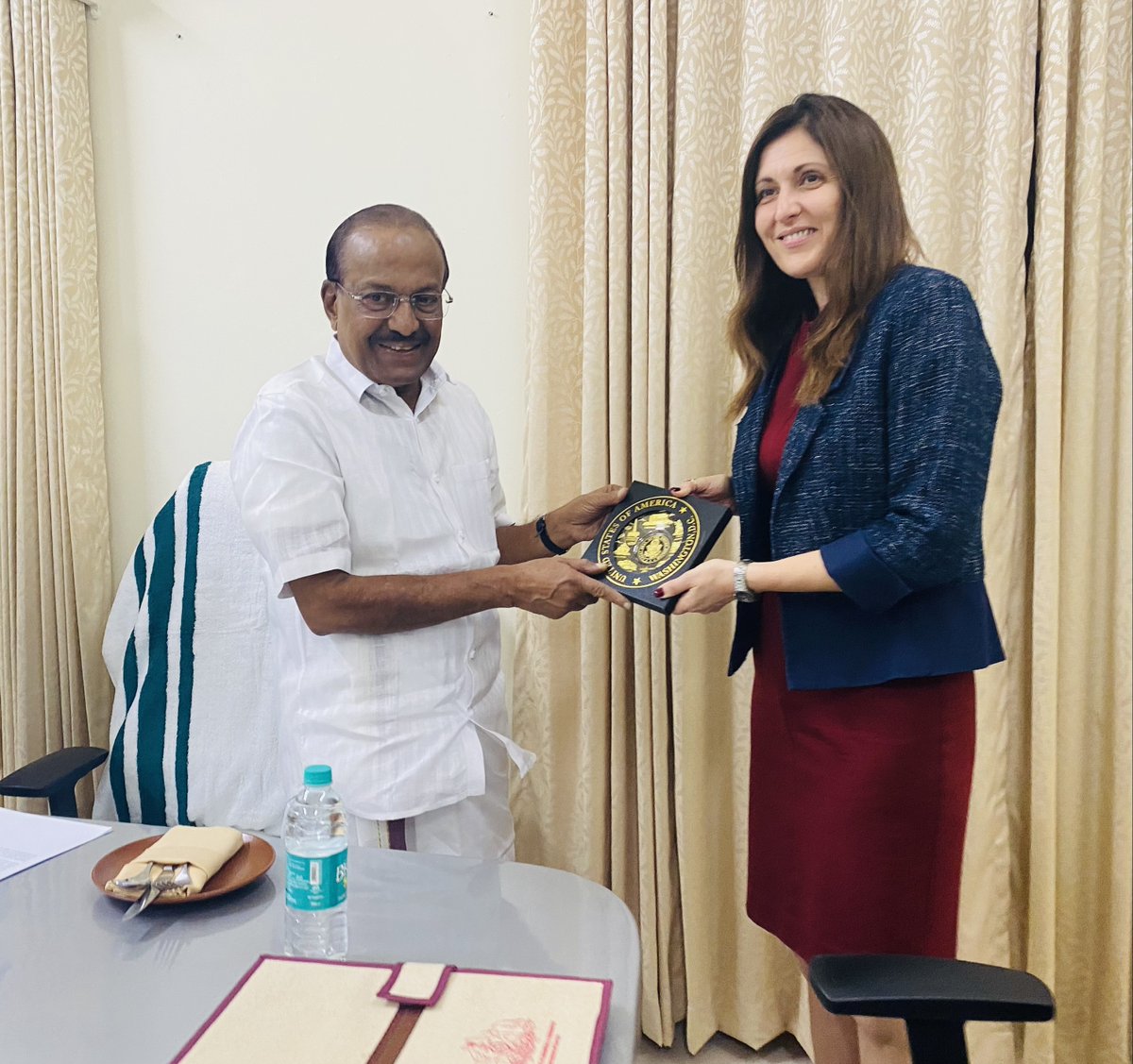 USAndChennai's tweet photo. Deepening industry and academic ties between the United States and India drive innovation. In Thiruvananthapuram, Consul General Neisuler met with Kerala Minister for IT and Industries P.K. Kunhalikutty and discussed how to strengthen technology cooperation to advance supply chain security and enterprise growth. With Kerala’s Minister for Higher Education Roji M. John, CG Neisuler discussed U.S.-Indian research partnerships, student and faculty exchanges, and joint initiatives in emerging technologies.