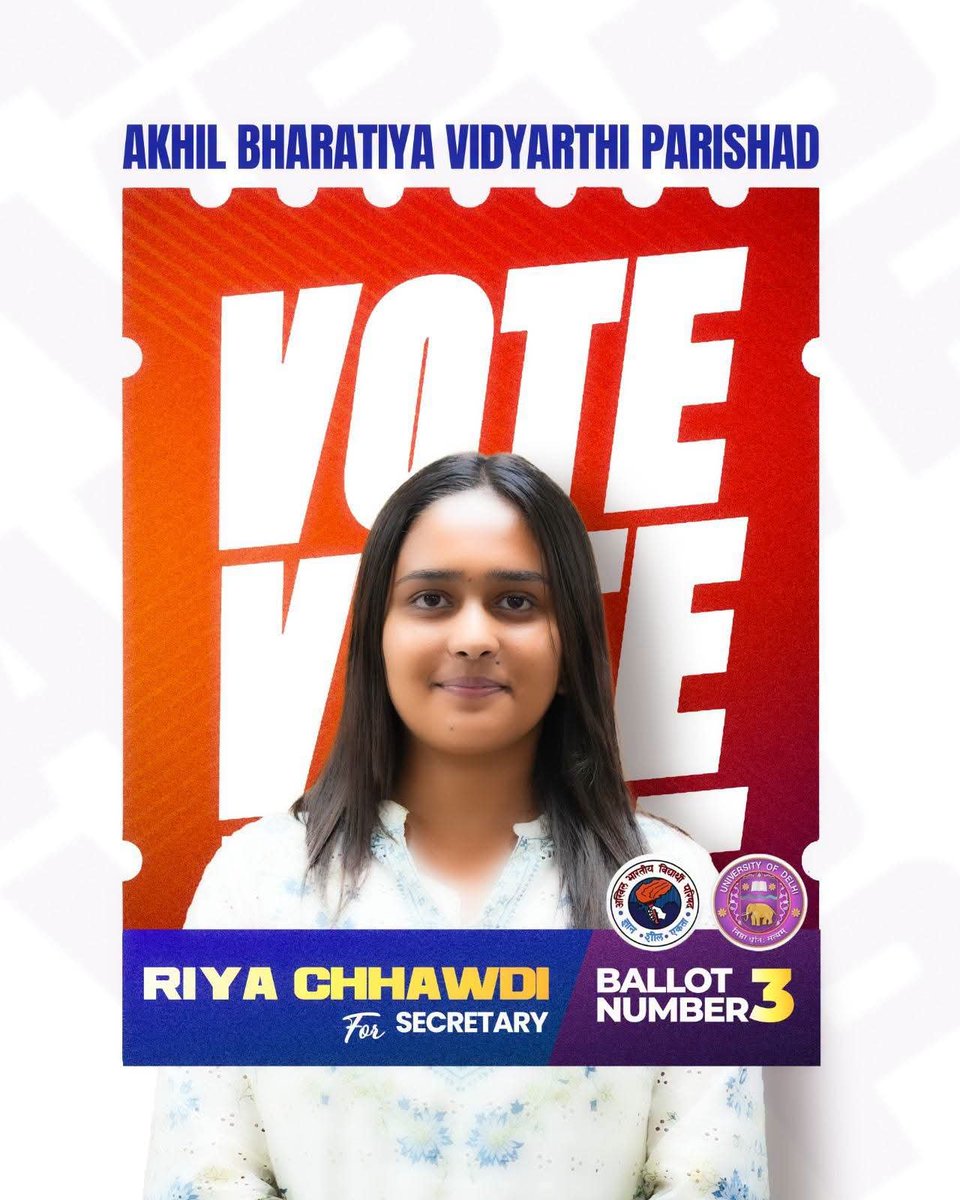 AnandSenAp6's tweet photo. A stronger DU begins with an informed student voice!

Vote, support, and elect ABVP Panel 7️⃣3️⃣3️⃣3️⃣ in the DUSU election 2026:

Yash Dabas - President 7️⃣
Ishu Maurya - Vice President 3️⃣
Riya Chhawdi - Secretary 3️⃣
Lakshay Raj Singh - Joint Secretary 3️⃣

 #DUSU7333 #ABVP7333 https://t.co/5ILFZHjdE7