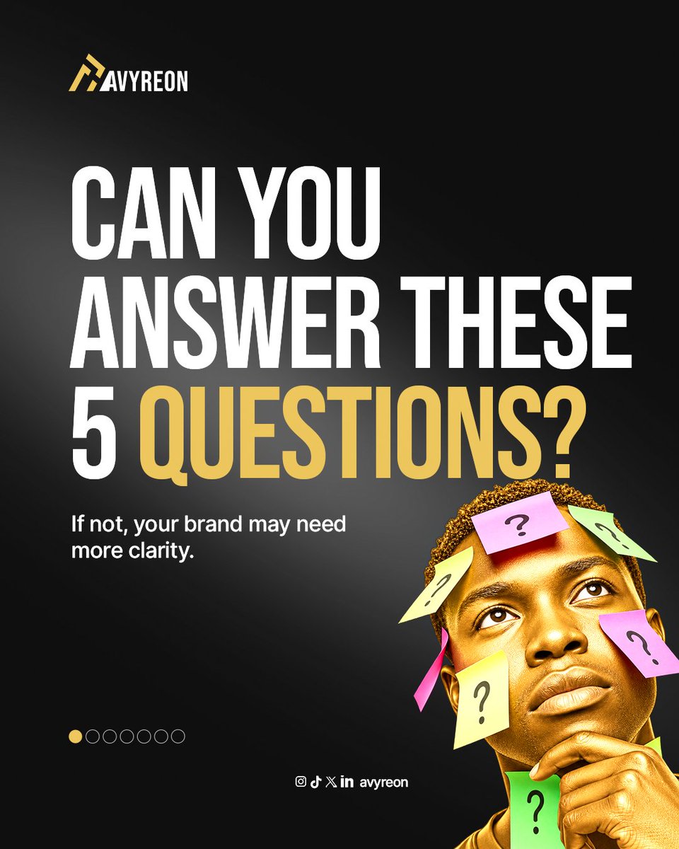 Avyreon's tweet photo. Hard truth: your brand may not need more visibility.
It may need more CLARITY.
Can you answer these without overthinking?

If the answers are blurry, your audience probably sees the same blur.
More content won't fix an unclear brand.
So which question are you struggling with? https://t.co/nTXzgtWHZw