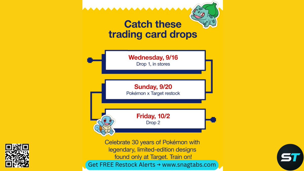 Snagtabs's tweet photo. Target just confirmed additional TCG drops this upcoming Sunday the 20th, as well as Friday, October 2nd 🚨   

I don't think this includes all of the individual random restocks across different stores, since I saw many people with restocks today. But these are the dates that are going around that have plans to have stock ready at opening 

Get live drop alerts + instant ping notifications here: https://t.co/OQtk38AZEx

#PokemonTCG