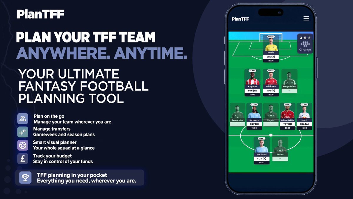 Plan_TFF's tweet photo. ⏰ Never miss a game with PlanTFF’s KO View.

⚽ Player kick-off times
👀 Players without a fixture greyed out
🔄 Time your transfers around upcoming fixtures
🏆 Premier League &amp; Cup games

👉 https://t.co/yheCeP6c2v https://t.co/H4NtHErxYz