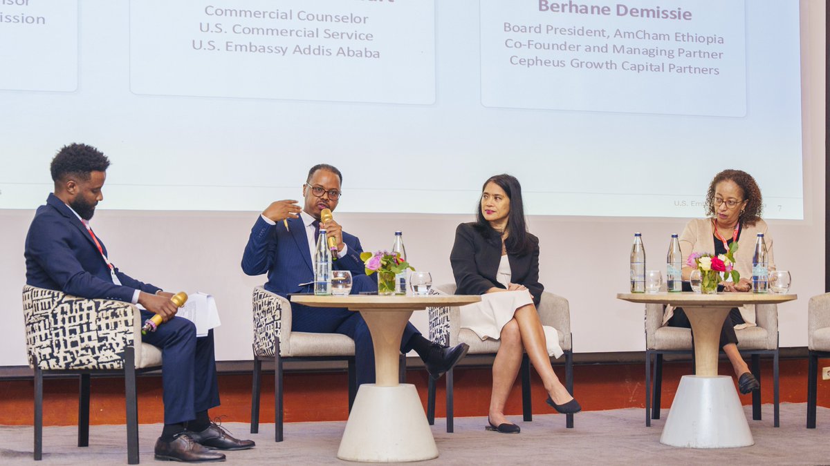 USEmbassyAddis's tweet photo. Ethiopia and the United States mean business. On September 15, the U.S. Embassy convened 120 Ethiopian alumni of U.S. exchange programs alongside @AmChamEthiopia, @EthioInvestment, and U.S. company leaders for Day One of the #Freedom250 Alumni Summit. The focus of the summit, “Connecting Alumni, Growing U.S. Business Partnerships,” signaled a direct push to empower exchange alumni as commercial bridges between Ethiopia and the United States.
State Department’s Assistant Secretary @ECA_AS headlined Day One with a video message affirming President Trump’s support for the efforts of the 6,000+ member alumni network to advance U.S.-Ethiopia commercial ties.
The opening panel didn't hold back. Habtamu Belay (Ethiopian Investment Commission), Bernadette Stewart (U.S. Commercial Service), and Berhane Demissie (AmCham Ethiopia) tackled the real barriers to U.S.-Ethiopia trade, with one panelist naming the "unpriceable" cost of policy unpredictability as the single biggest obstacle facing investors today. Wintana Kidane of the Ethiopian Securities Exchange added her voice to the day's keynotes.
Alumni also heard from KassahunMamo (Addis Ababa Chamber of Commerce), @SolomonMKassa, Omer Bomba Mohammed, and Theo Theoharis, with Dr. Walter McCollum facilitating the day's discussions on positioning alumni as trusted advisors to U.S. companies.
Opening the Summit, Acting Deputy Chief of Mission Adrienne Nutzman put it plainly: "Our exchange alumni are more than program graduates. You are leaders, entrepreneurs, and trusted voices who understand both the Ethiopian market and the United States. And you are uniquely positioned to connect the two."  @USalumnieth @StateIVLP 
#Freedom250 #USinEthiopia #ExchangeAlumni #Fulbright #MandelaWashingtonFellowship #IVLP #HumphreyAlumni
