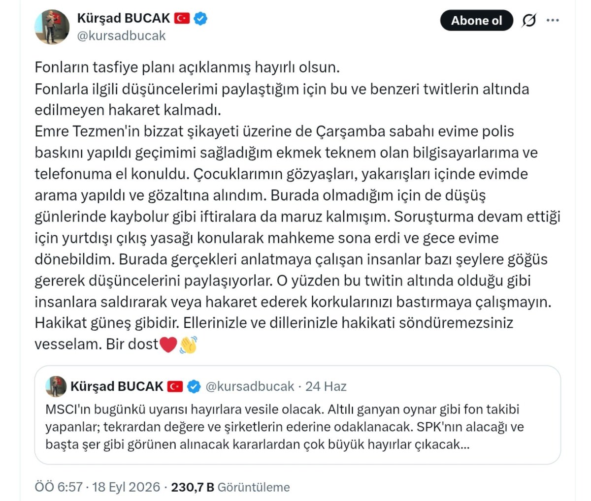 Piyasa1538's tweet photo. 🔴 Kürşad Bucak, Tera Holding patronu Emre Tezmen’in şikâyeti üzerine evine polis baskını yapıldığını açıkladı. 

📍Bucak, bilgisayar ve telefonlarına el konulduğunu, gözaltına alındığını ve soruşturma kapsamında yurt dışı çıkış yasağıyla serbest bırakıldığını belirtti. https://t.co/68jzFi78ri