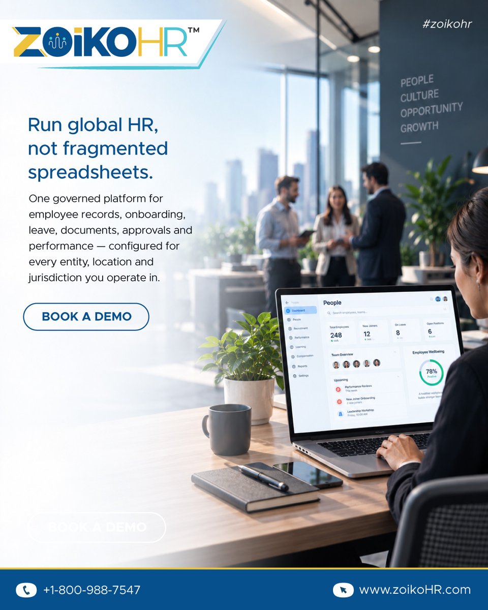 ZoikoHR's tweet photo. 👥🌍ZOIKOHR—RUN GLOBAL HR WITHOUT THE SPREADSHEETS!

Manage employee records, onboarding, leave, documents, approvals &amp; performance on one governed HR platform across entities, locations &amp; jurisdictions.💼📊

🌐https://t.co/P77WybxvSG
📞+1-800-988-7547
#ZoikoHR #GlobalHR #HRTech https://t.co/JyNssN2Zz1