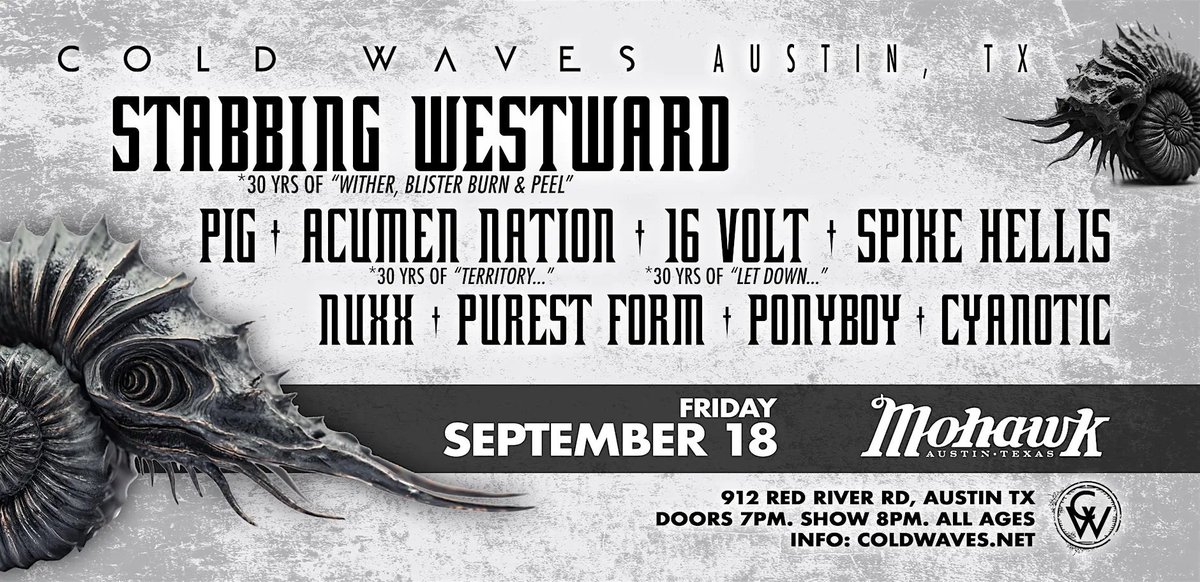 pencil_army's tweet photo. TONIGHT: Chicago's Cold Waves Industrial Festival returns to Austin! Extremely excited to see 16 Volt, Acumen Nation and Pig!
#ColdWavesAustin #Mohawk #StabbingWestward #Pig #16Volt #AcumenNation #SpikeHellis #Nuxx #PurestForm #Ponyboy #Cyanotic #DJAcucrack https://t.co/nDrXx1cfxD