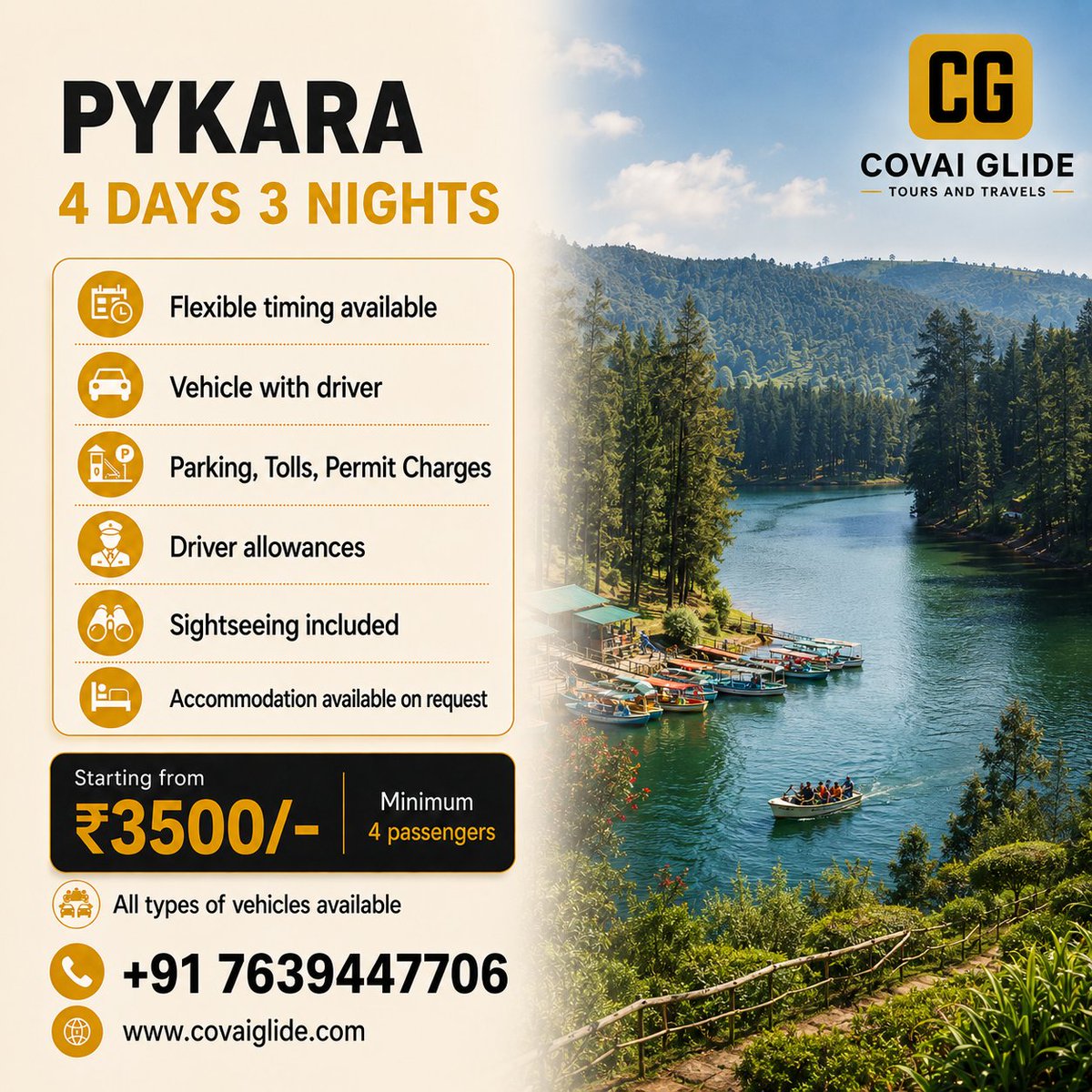 covaiglide's tweet photo. Pykara 4D/3N Tour from Coimbatore

₹3,500/person | Min. 4
✓ Private cab
✓ Pykara • Ooty • Coonoor/Kotagiri
✓ Pickup &amp; drop

→ https://t.co/vkPpLsogBK
#Pykara #CovaiGlide https://t.co/ZnMyMf8cft
