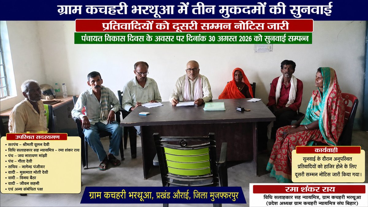 rayramashankar2's tweet photo. @PRD_Bihar @samrat4bjp @DeepakRLM @mopr_goi @IPRDBihar @DM_Muzaffarpur मुजफ्फरपुर जिला के प्रखण्ड औराई के ग्राम कचहरी भरथूआ में मुकदमा की सुनवाई में महत्वपूर्ण भूमिका निभाते हुए रमा शंकर राय न्यायमित्र https://t.co/vPXhP2WpjL