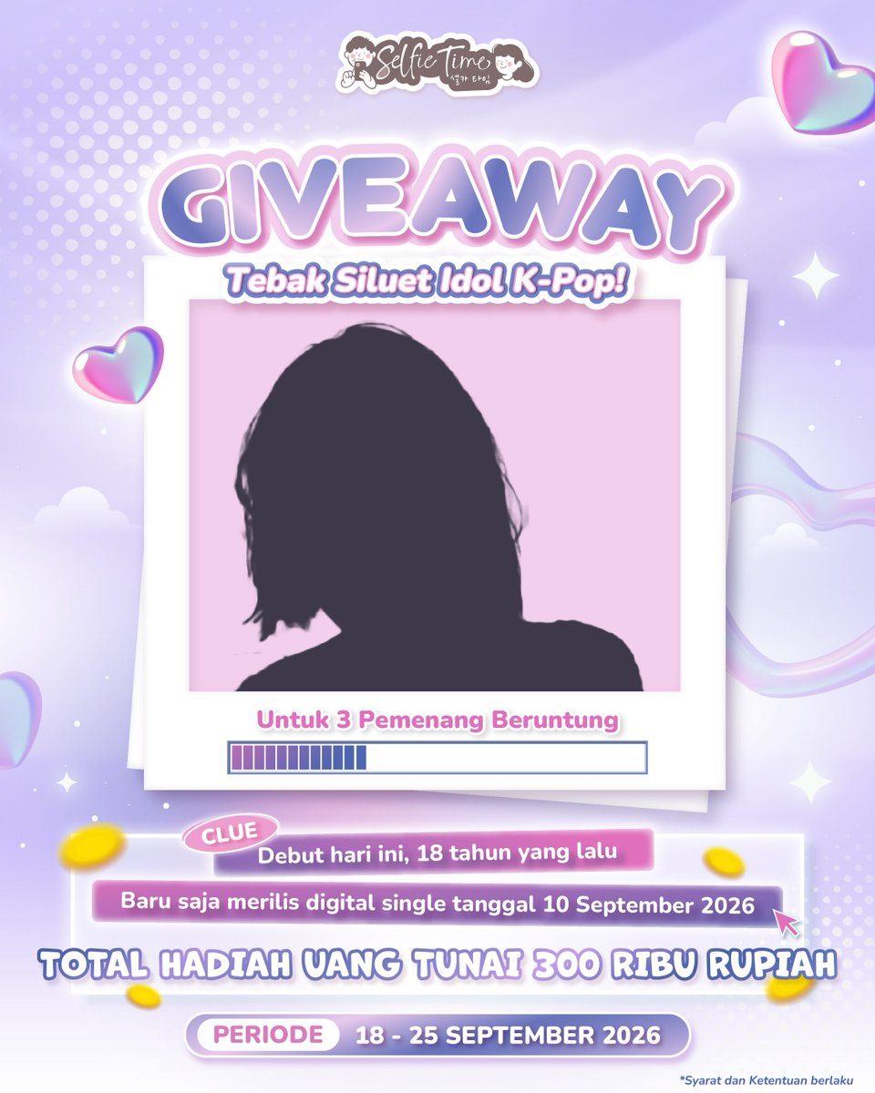 selfietimeid's tweet photo. 🎁 GIVEAWAY TIME 🎁

Dapatkan total hadiah 300 ribu rupiah untuk 3 orang beruntung, buat kamu yang bisa menebak siapa idol K-Pop berikut ini! ✨

Cara ikutannya gampang banget loh~ 😍
Cek S&amp;K di poster ya!

🗓 Periode Giveaway: 18-25 September 2026

#selfietimeid https://t.co/jZPKnT0YvJ