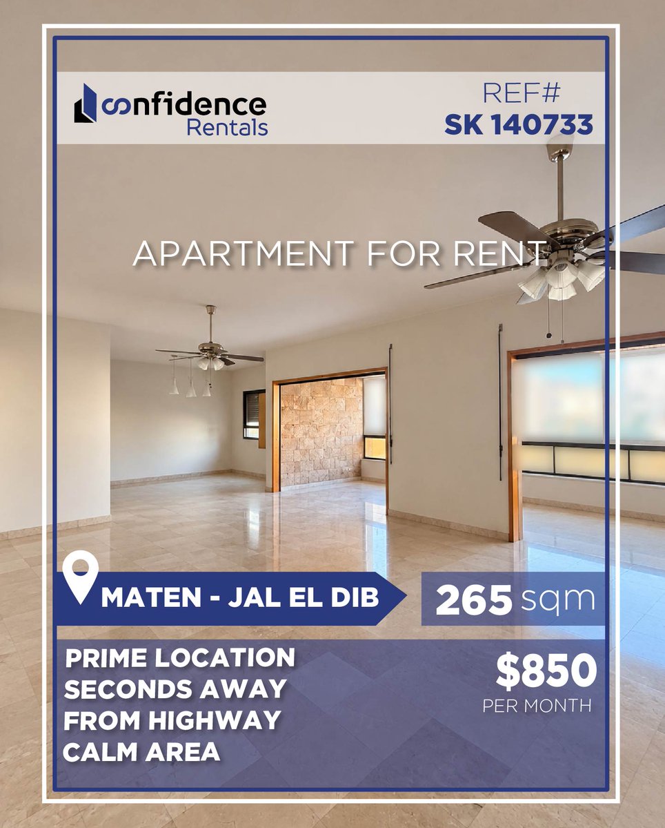 confidence_cre's tweet photo. PRICE: 850$ per month + 1 month commission fees

265 SQM APARTMENT FOR RENT – JAL EL DEEB

FOR MORE INFOS DO NOT HESITATE TO CONTACT US ON 71 000 850

REF#SK140733

#JalElDeeb #JalElDeebRentals #JalElDeebApartment #Metn #MetnRealEstate #LebanonRealEstate 
#CONFISK

S https://t.co/J1Qjn5HE4i