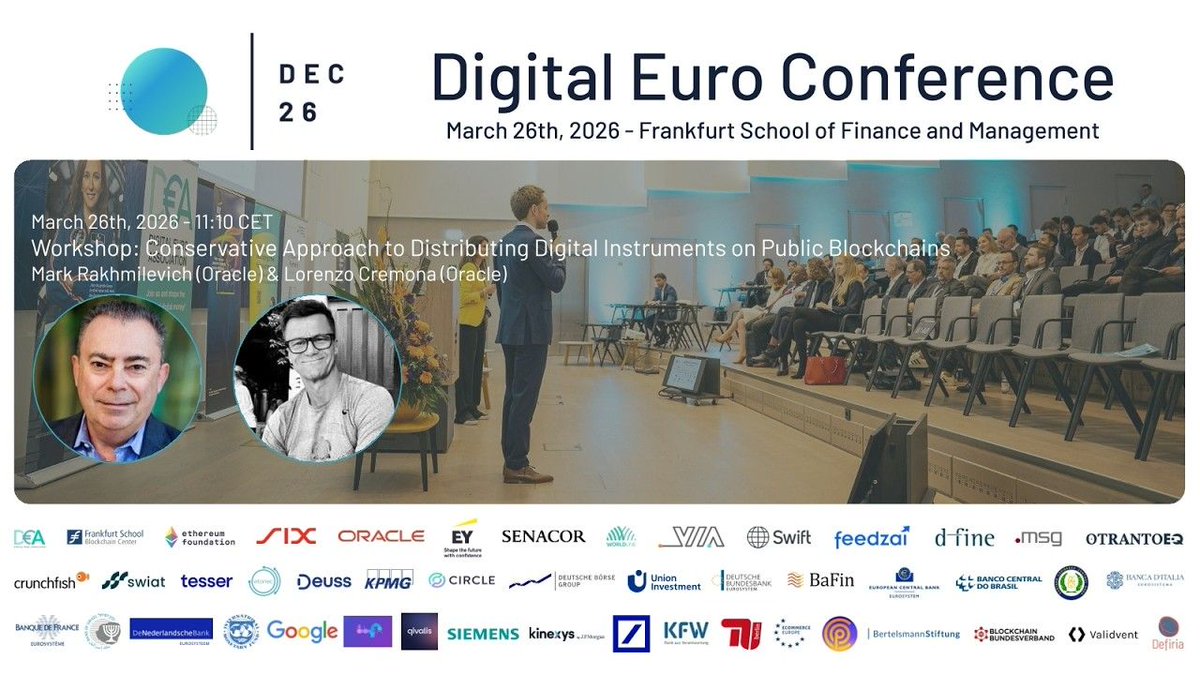 DigiEuro's tweet photo. At #DEC26, Oracle explored how financial institutions can combine permissioned infrastructure with public-chain connectivity for digital assets.

🎥 Watch the workshop: https://t.co/UpF6iweBLJ 

#Blockchain #Tokenization #DigitalAssets https://t.co/qEXO46LAbR