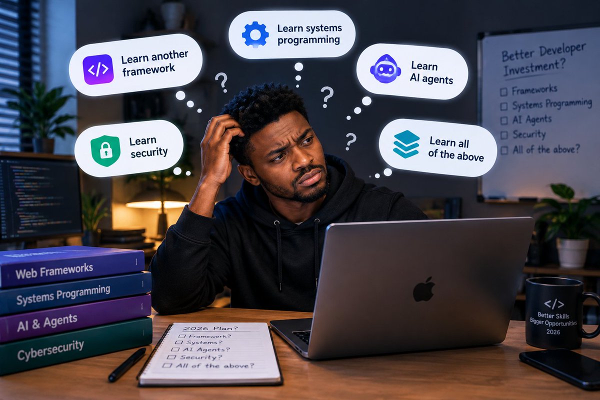 kevinbrown201's tweet photo. What's a better developer investment in 2026?

→ Learn another framework
→ Learn systems programming
→ Learn AI agents
→ Learn security
→ Learn all of the above https://t.co/AAe4UC2Tpk