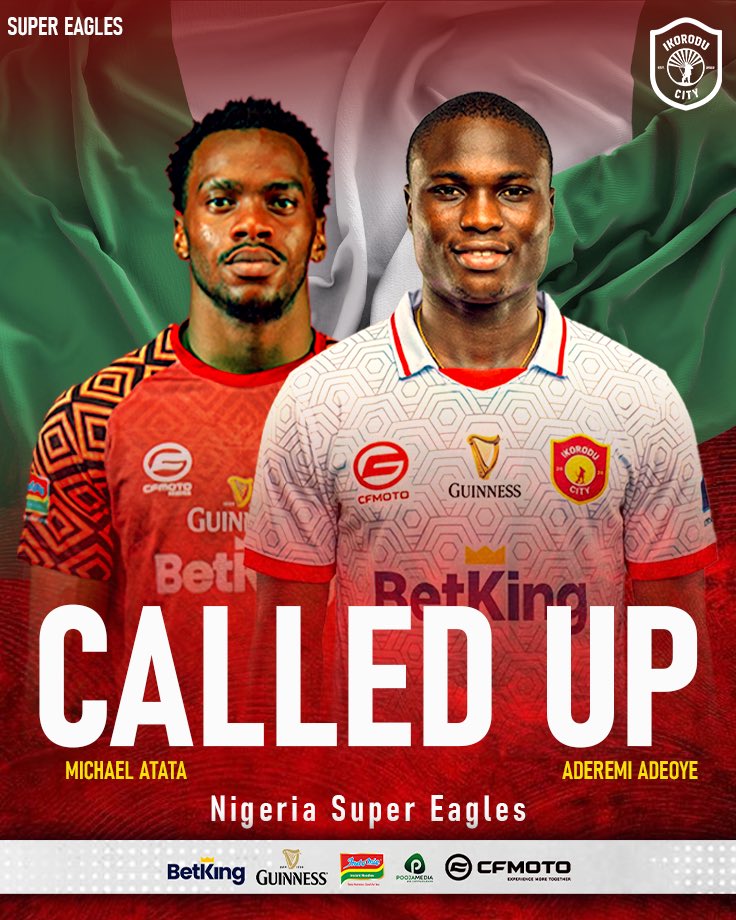 IkoroduCityFC's tweet photo. THE NATIONAL TEAM DUO! 🦅🇳🇬
A proud moment for the #OgaBoys! 💛

We’re honoured to have Michael Atata &amp; Aderemi Adeoye called up to the Super Eagles squad ahead of the upcoming international games.

Congratulations, boys!
Go on with pride &amp; do us proud! 

#WeAreIkoroduCityFC https://t.co/OaKszdgOHv