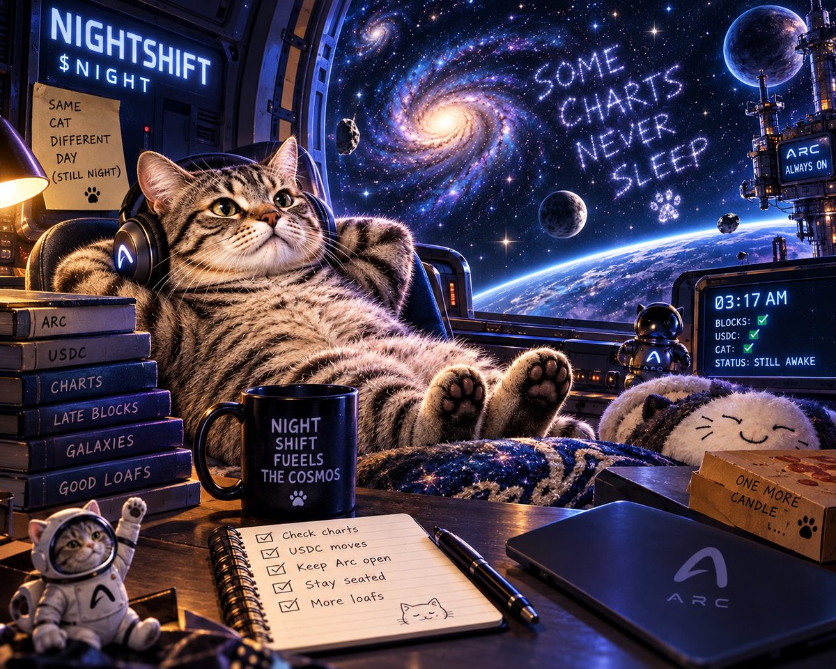 NightShiftOnARC's tweet photo. Somewhere between “one last candle” and sunrise, the cat accidentally became permanent night staff. 🌌🐈

No overtime. No complaints. No blinking.

Just $NIGHT keeping the cosmos open.

#NIGHTSHIFT #Arc https://t.co/nRd86KA7zj