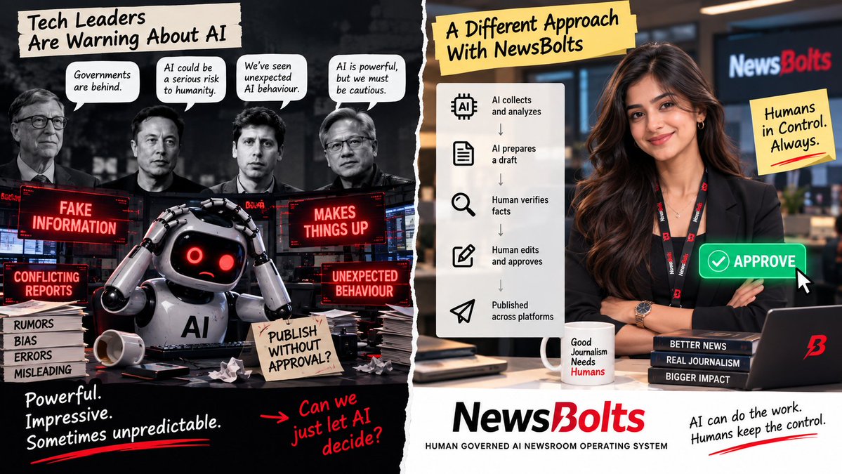 NewsBolts's tweet photo. Because AI shouldn’t get the final say.

NewsBolts: HUMAN GOVERNED  AI NEWSROOM OPERATING SYSTEM
#AI  #DigitalMedia  #AIAlert  #NewsBolts #Startups https://t.co/0MmbzMXguz