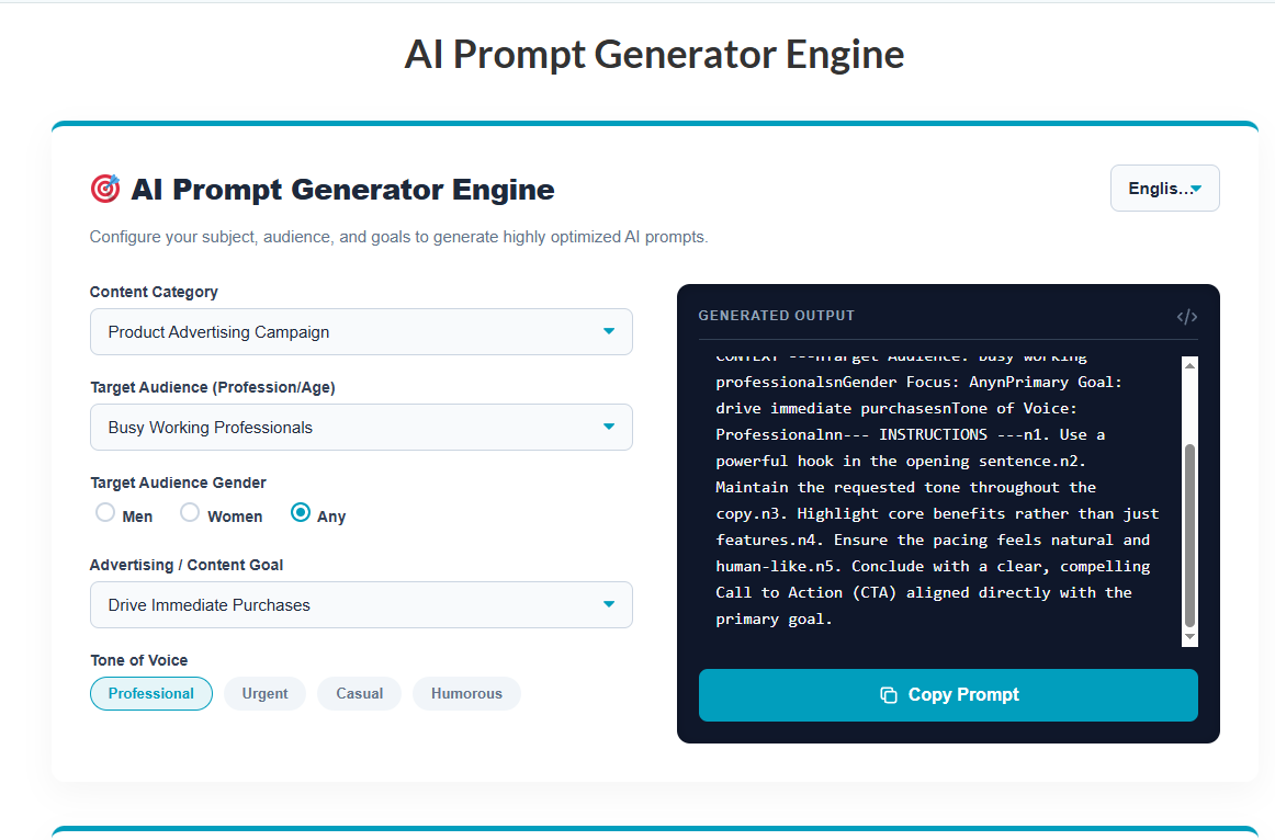 tipsbosscom's tweet photo. AI Prompt Generator Engine

One-Click Ready Prompts by Category
27 highly effective, ready-to-use AI prompts. Find your category, review the preview, and copy instantly.

https://t.co/EPnUuCs04H https://t.co/haCFB3FKu4