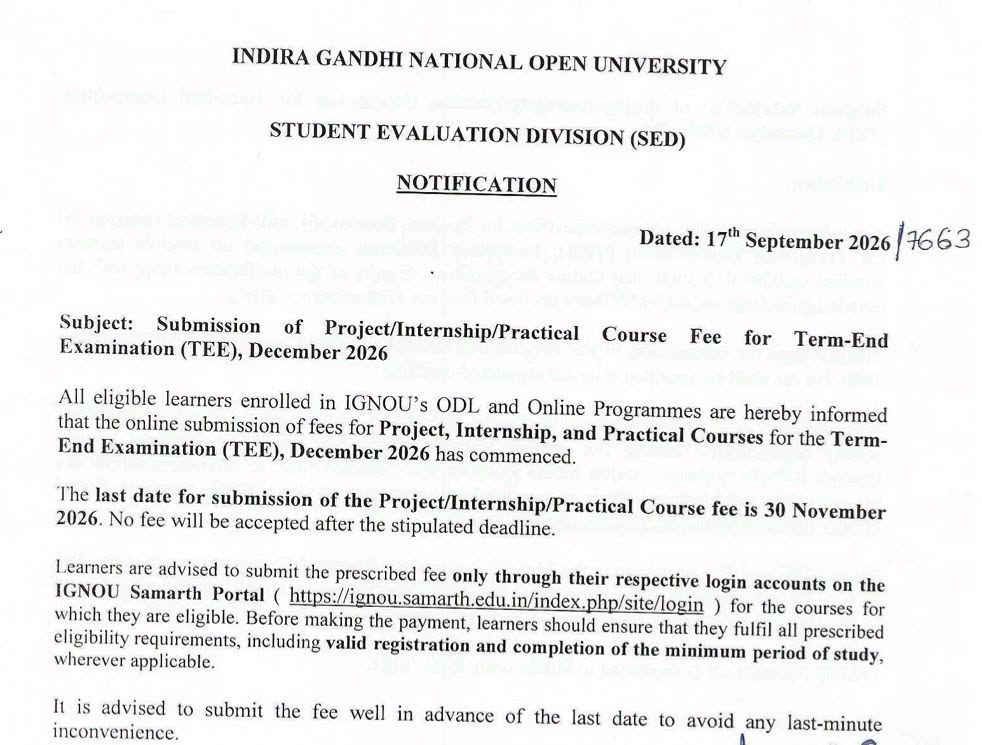sscignou's tweet photo. Notification for Submission of Fee for Projects/Practicals

Link : https://t.co/Mh9jHQL9fU

@OfficialIGNOU https://t.co/1PuenSoiJd