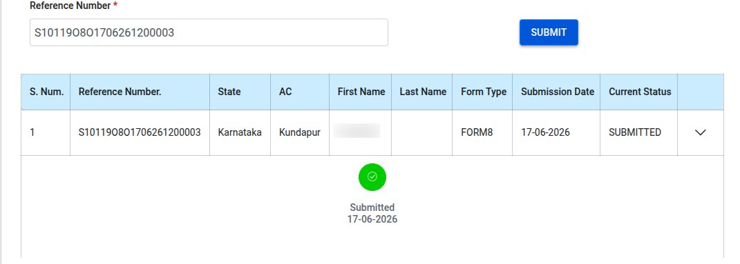 Pradee_upadhya's tweet photo. @ceo_karnataka I submitted Form 8 to transfer my wife’s voter ID from her previous city to my current constituency on 17-06-2026. The reference ID is S10119O8O1706261200003.

It has been more than 3 months, but the application status is still showing “Submitted.” https://t.co/e2RVzOFiXm
