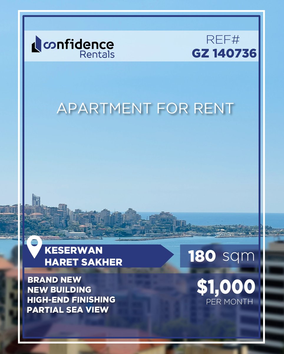 confidence_cre's tweet photo. PRICE : 1000$ per month + 1 month commission
Beautiful 180 sqm brand-new apartment in Jounieh / Haret Sakher
for more info contact us on
71000850
REF#GZ140736
#Jounieh #HaretSakher #ApartmentForRent #LuxuryApartment #BrandNewApartment
#CONFIGZ
A https://t.co/14tUNol1W2
