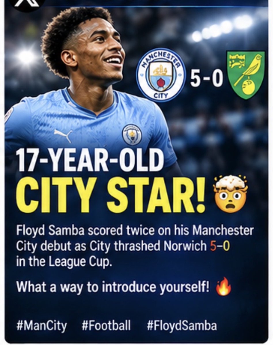Nuxxbt's tweet photo. 17-YEAR-OLD CITY STAR! 🤯
Floyd Samba scored twice on his Manchester City debut as City thrashed Norwich 5–0 in the League Cup.
What a way to introduce yourself! 🔥
#ManCity #Football #FloydSamba https://t.co/8ySl5tHPWJ