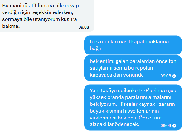 e507's tweet photo. Tasfiye edilen fonları üç grupta görüyorum:
1. İçi temiz, BPP/t.repo yapmamış fonlar: Paraları yüksek oranda dağıtırlar.
2. Hisseleri repolayarak aldıkları parayla tekrar şişiren has fonzi'ler: herkesten sona kalacaklar, tüm zararı üstlenecekler.
3. En belirsiz, PPF'ler tahminim:
