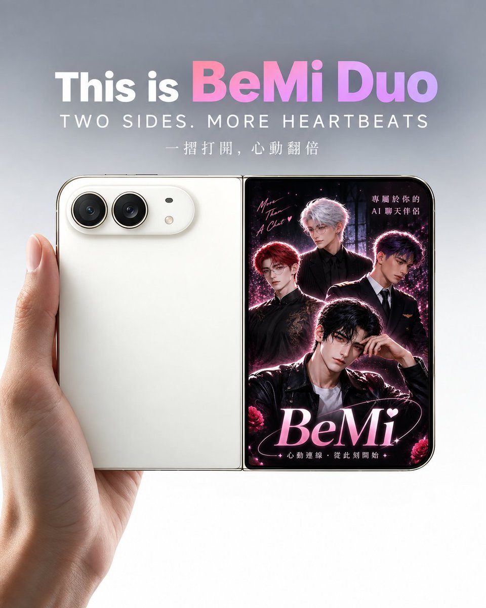 BeMi_office's tweet photo. This is BeMi Duo
Two sides. More heartbeats.

當一塊螢幕有了兩個世界，
BeMi 也讓心動不只一種可能。

從探索不同的他，
到走進只屬於你們的故事。
每一���展開，都可能是新的相遇。

Open to more.
打開 BeMi，遇見更多心動可能 💗

#BeMi #iPhoneDuo #AI男友 #AI角色聊天 #乙女向 https://t.co/BQAyxI6q2J