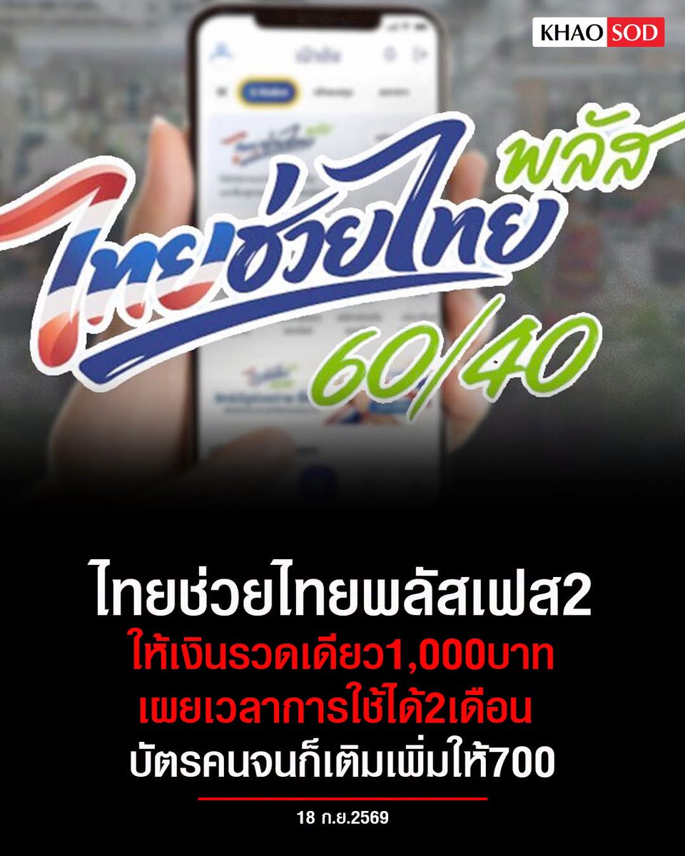 KhaosodOnline's tweet photo. ชัดแล้ว! #ไทยช่วยไทยพลัส เฟส 2 ให้เงินรวดเดียว 1,000 บาท ใช้ได้ 2 เดือน ส่วนบัตรสวัสดิการแห่งรัฐเติมเพิ่มให้อีก 700 บาท เผยรอกระทรวงคลังสรุปอีกรอบ https://t.co/Iimmhczqhs