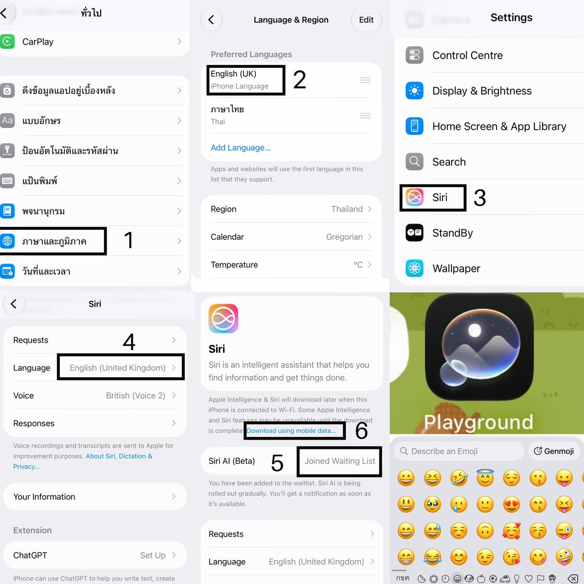 syncxmt's tweet photo. สำหรับคนที่เปลี่ยนภาษาแล้วยังไม่ขึ้น

— #genmoji #ios27 ⭐️

• ไปที่ตั้งค่า > ทั่วไป > ภาษาและภูมิภาค > เปลี่ยนภาษาเป็น English
• ไปที่ siri > เปลี่ยนภาษา English
• เปิดใช้งาน Siri AI > ดาวน์โหลด 
• รอสักพักจะมีแอพ Image Playground ขึ้นมา หลังจากนั้นก็ใช้งานได้เลย https://t.co/W9XJgNyEFY