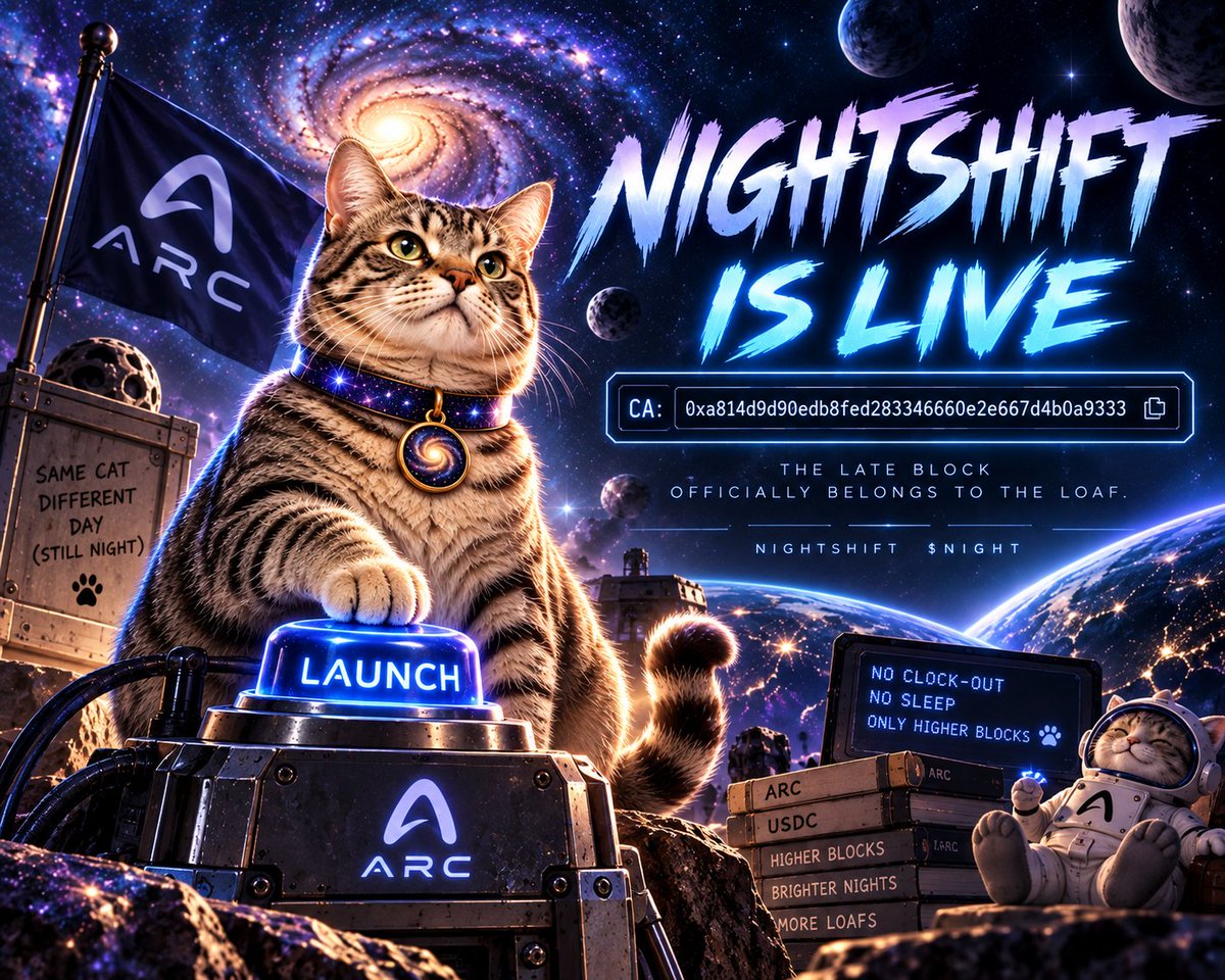 NightShiftOnARC's tweet photo. NIGHTSHIFT is LIVE. 🌌🐈

The late block officially belongs to the loaf.

CA: 0xa814d9d90edb8fed283346660e2e667d4b0a9333

No clock-out. No sleep. The cosmic shift starts now.

#NIGHTSHIFT #Arc https://t.co/RDBW7mHTCM