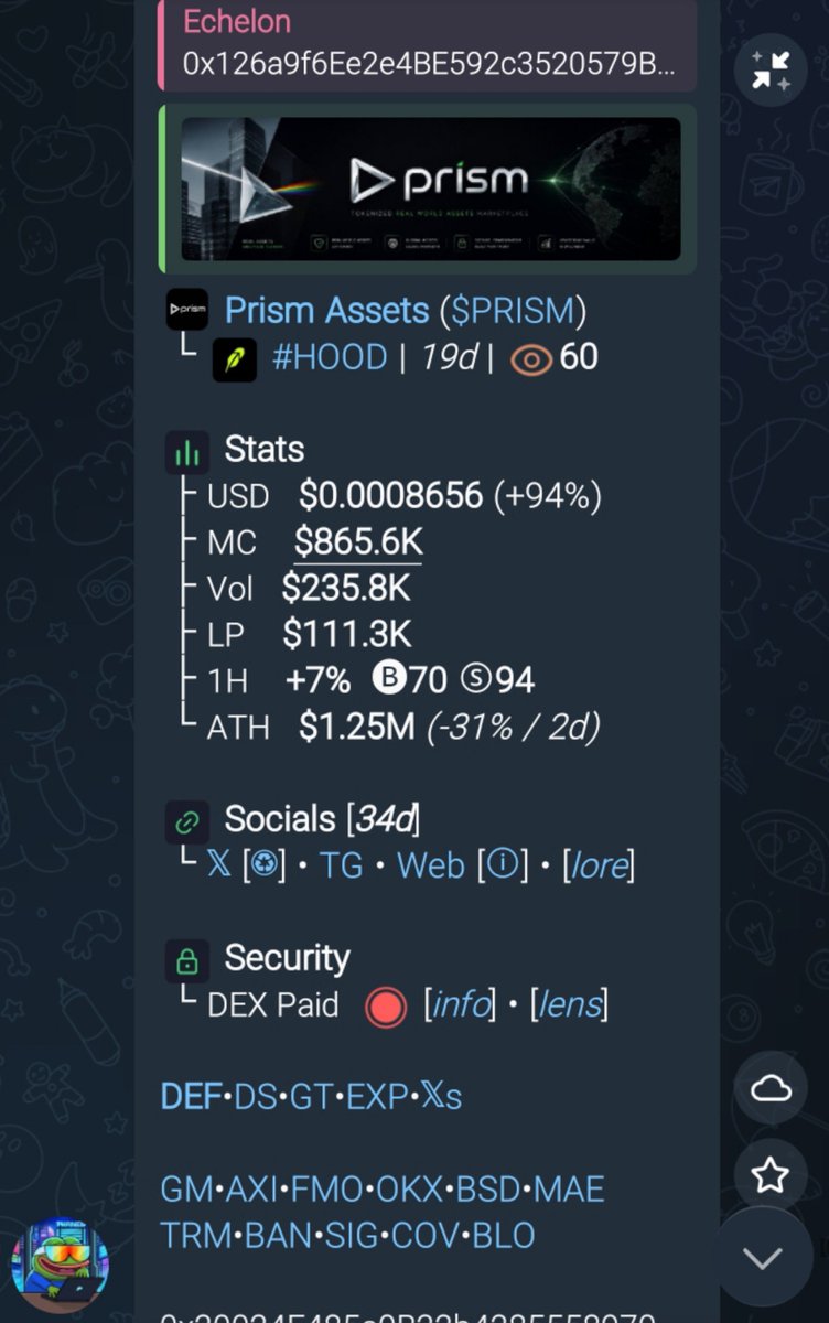 Echelon007's tweet photo. 15X up from my call on $PRISM 

On Robinhood 

CA:
0x20024e485c0b22b42855589700721b28320a7777 https://t.co/CmOt6p45XD