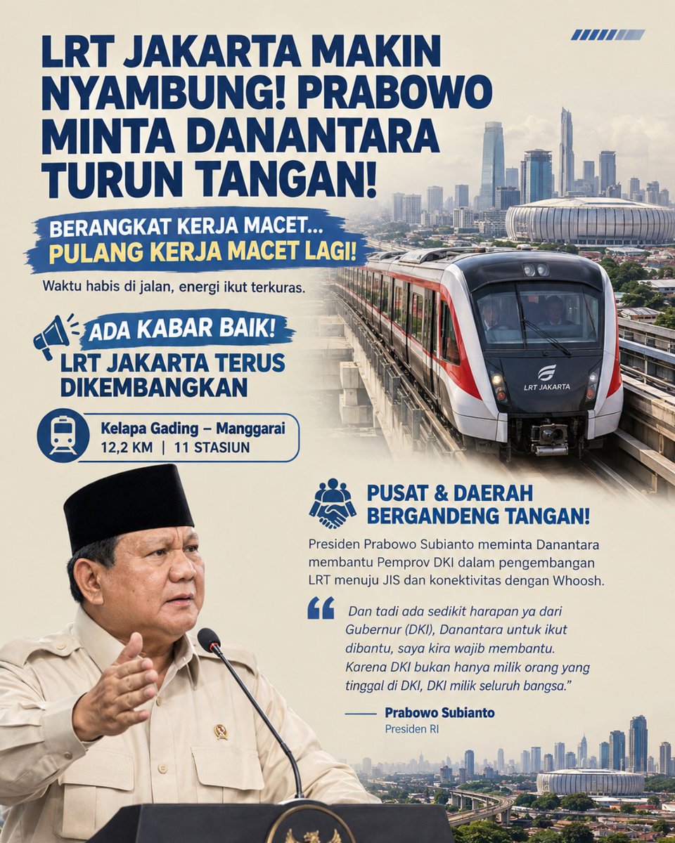 edo_suhendr's tweet photo. Presiden Prabowo Subianto mendorong keterlibatan Danantara untuk membantu Pemprov DKI Jakarta dalam percepatan pengembangan LRT Jakarta. 
#JagaIndonesia #LRTJakarta #TransportasiMaju #Danantara #KonektivitasUrban https://t.co/hJ9iQYYCpc