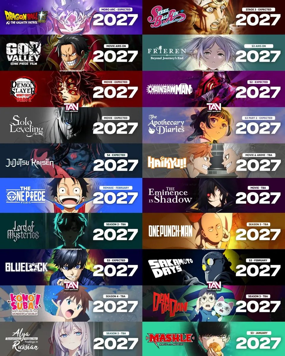 RiteshC76's tweet photo. 2027 is gonna be peak anime year 
@AnimexTwts https://t.co/9b3qfAKLTs