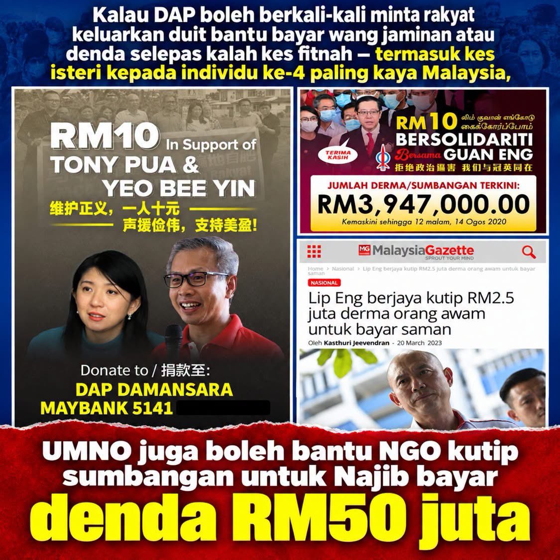 NaratifRakyat's tweet photo. Takkan DAP boleh berkali-kali kutip sumbangan daripada rakyat untuk bantu kes-kes mereka, tapi bila UMNO bantu NGO kutip dana untuk Najib, tiba-tiba tak boleh?

Kalau boleh untuk satu pihak, prinsip yang sama patut terpakai kepada semua.

Kalau Guan Eng pun boleh kumpul hampir…. https://t.co/CDl5sokdec