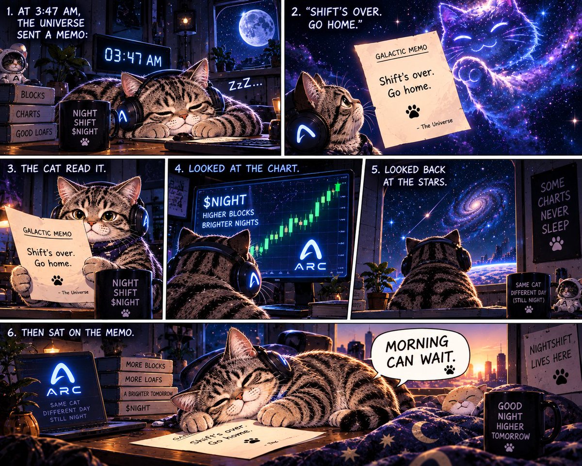 NightShiftOnARC's tweet photo. At 3:47 AM, the universe sent a memo:

“Shift’s over. Go home.”

The cat read it.
Looked at the chart.
Looked back at the stars.

Then sat on the memo. 🐈🌌

Morning can wait.
$NIGHT has blocks to watch.

#NIGHTSHIFT #Arc https://t.co/Mx833RLBub