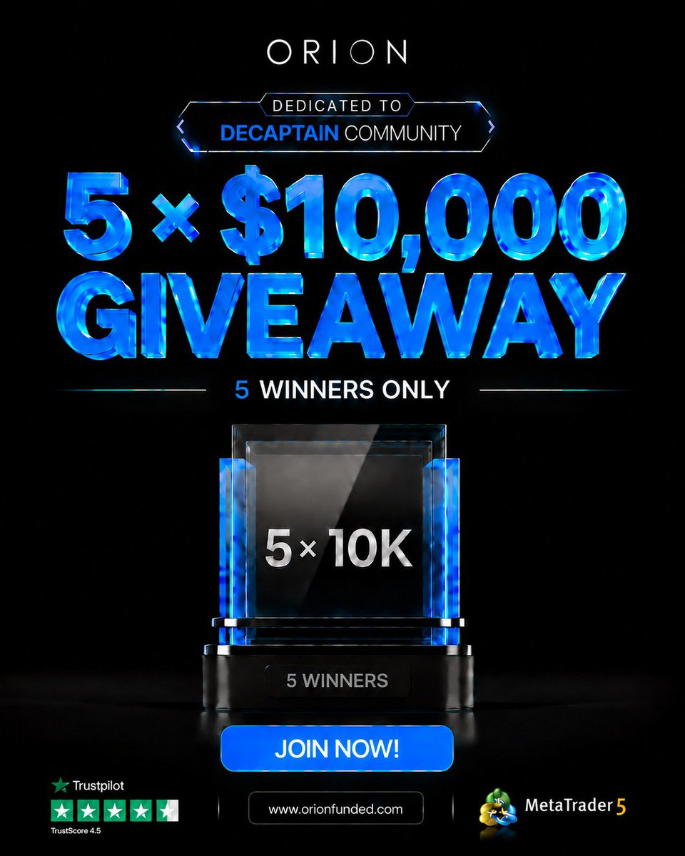 De_CaptainChart's tweet photo. 🚨 $50,000 GIVEAWAY! 🚨

 5 × $10K Orion 🎁

HOW TO ENTER 👇
✅ Follow @De_CaptainChart
✅ Follow @OrionAffiliates
✅ Follow @Orionfundedcom

🔁 Like & Repost this post

💬 Tag 3 traders in the comment

✅Also follow @Dan_BabaFX 
@TheEliteTrader_ @Bigmubeee @RIO_HUB_ @edrees_askar

Want to get your own Orion challenge? 👀
🔥 50% OFF your first challenge
🎟️ Code: DECAPTAIN 
 
Winners in 72hrs
Good luck everyone! 🚀🦅
#GiveawayContest