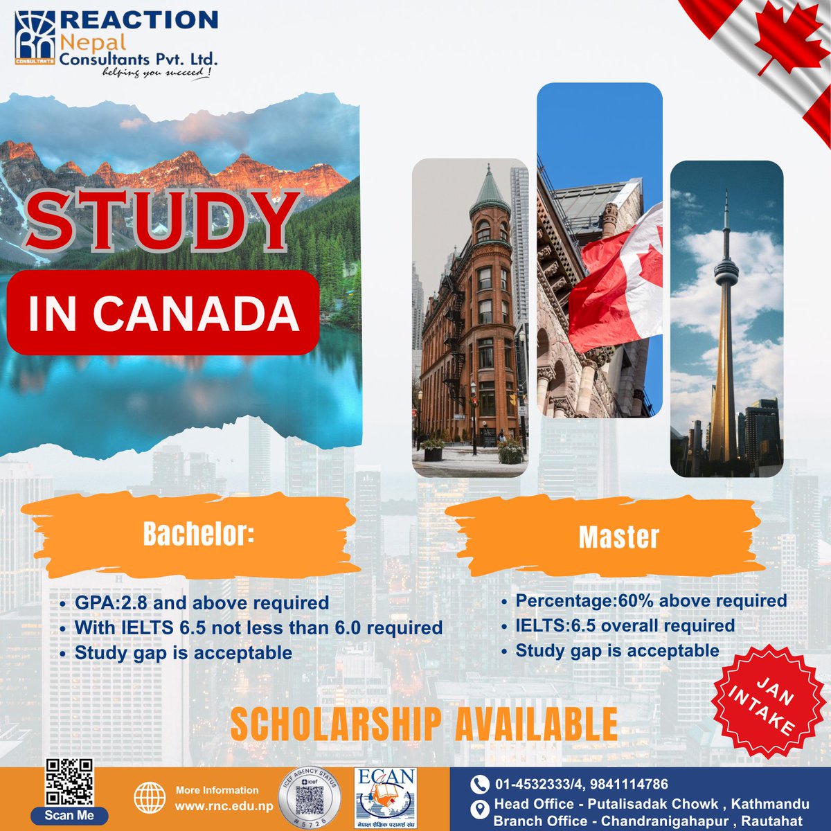 ReactionNepal's tweet photo. Study in Canada 📷 
📷 Bachelor’s | GPA 2.8+ | IELTS 6.5
📷 Master’s | 60%+ | IELTS 6.5
📷 Scholarship Available | January Intake | Hassle-free Financial process
Note: Study gap is also acceptable.
📷 https://t.co/aEjYZu1p5K
#StudyInCanada #CanadaStudyVisa #StudyAbroad https://t.co/tPxCwqBqtF