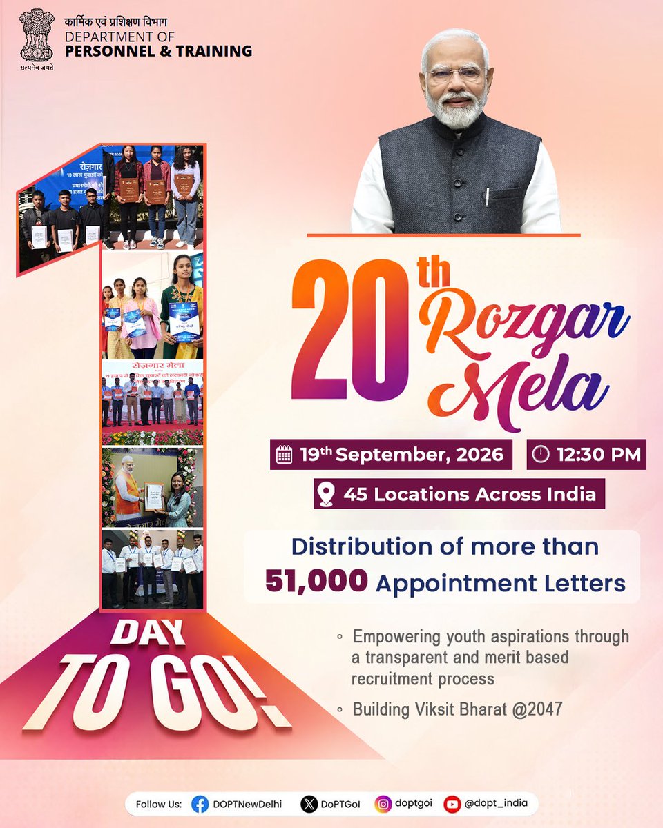 DoPTGoI's tweet photo. The countdown is on! Just 1 Day to Go for the #RozgarMela.
 Tomorrow, more than 51,000 appointment letters will be distributed to newly recruited candidates at 45 locations across India, opening a new chapter of careers, responsibilities and opportunities in public service.
 As aspirations turn into appointments, young citizens take their next step towards contributing to nation-building and the vision of #ViksitBharat2047

#20thRozgarMela #RozgarMela2026