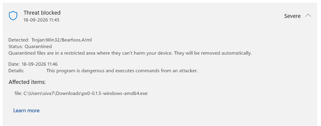 crowcaw's tweet photo. @arpit_bhayani I tried it today, and Microsoft Defender blocked it. https://t.co/QKmtNE7vDO