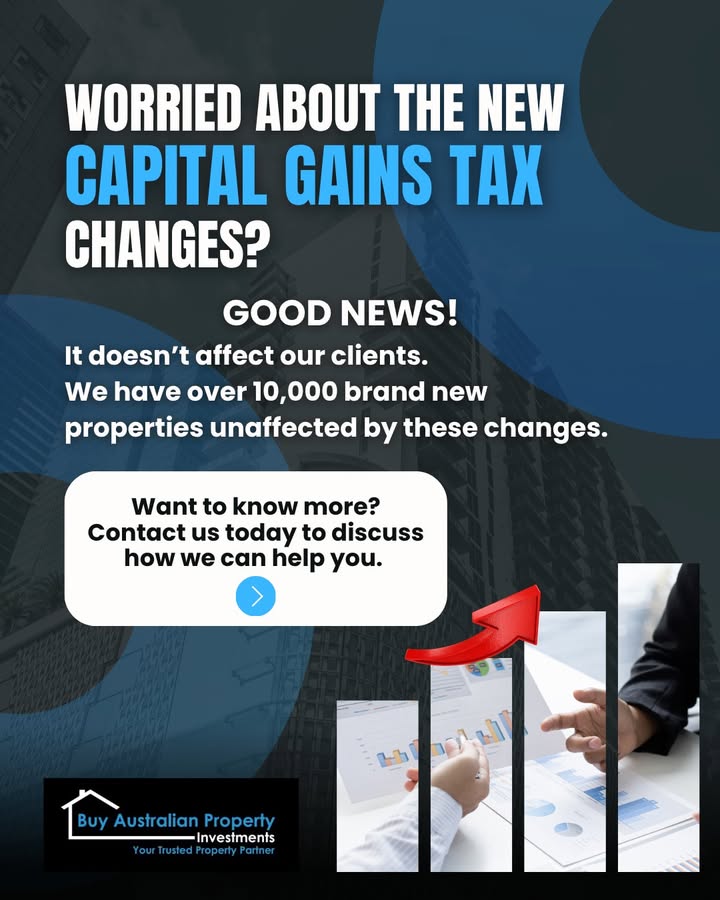 buyozproperties's tweet photo. Worried about how the recent Capital Gains Tax changes will affect your investing journey?
Good news! It doesn’t affect our products. 
All of our products across Australia are exempt from the changes. 

Book a chat today to discuss how we can help you.
https://t.co/itERQe4upc https://t.co/dyqWgDg3aJ